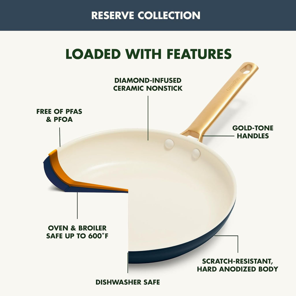 GreenPan Hard Anodized Healthy Ceramic Nonstick 10 Piece Cookware Pots and Pans Set, Gold-Tone Stainless Steel Handles, PFAS & PFOA-Free, Dishwasher Safe, Oven & Broiler Safe, Twilight Blue