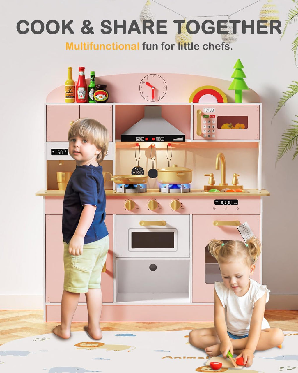 Babytronic Wooden Play Kitchen Set, Pretend Play Kitchen with Lights and Sounds for Kids Ages 3+, Includes Stove, Oven, Microwave, Coffee Maker, and Accessories, Toy Kitchen Set for Toddlers (Pink)
