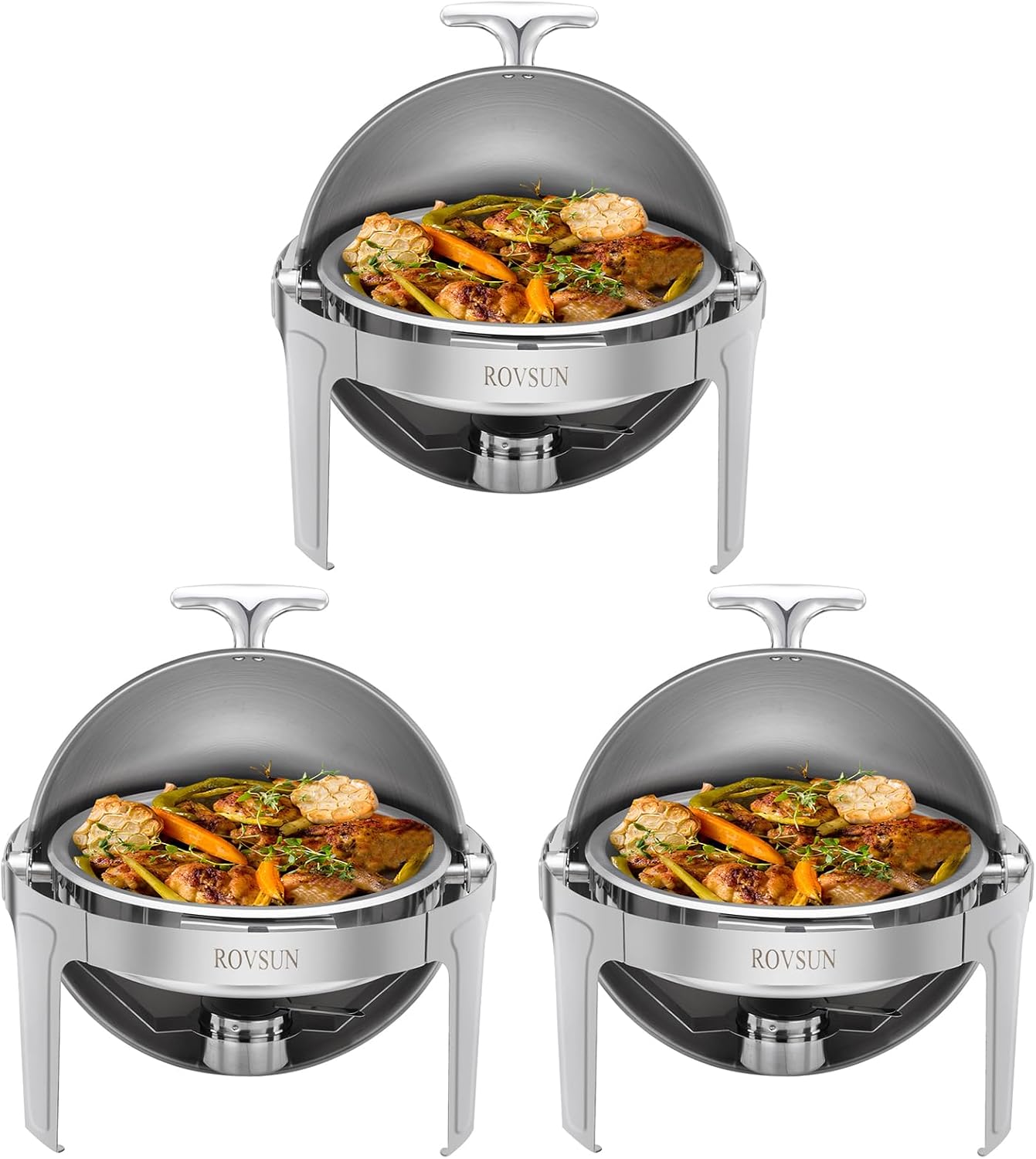 ROVSUN 3-Pack Roll Top Chafing Dish Buffet Set,6 Quart Full Size Pan Chafer, Stainless Steel Round Set with Food Pan, Water Pan for Wedding, Parties, Banquet, Catering Events