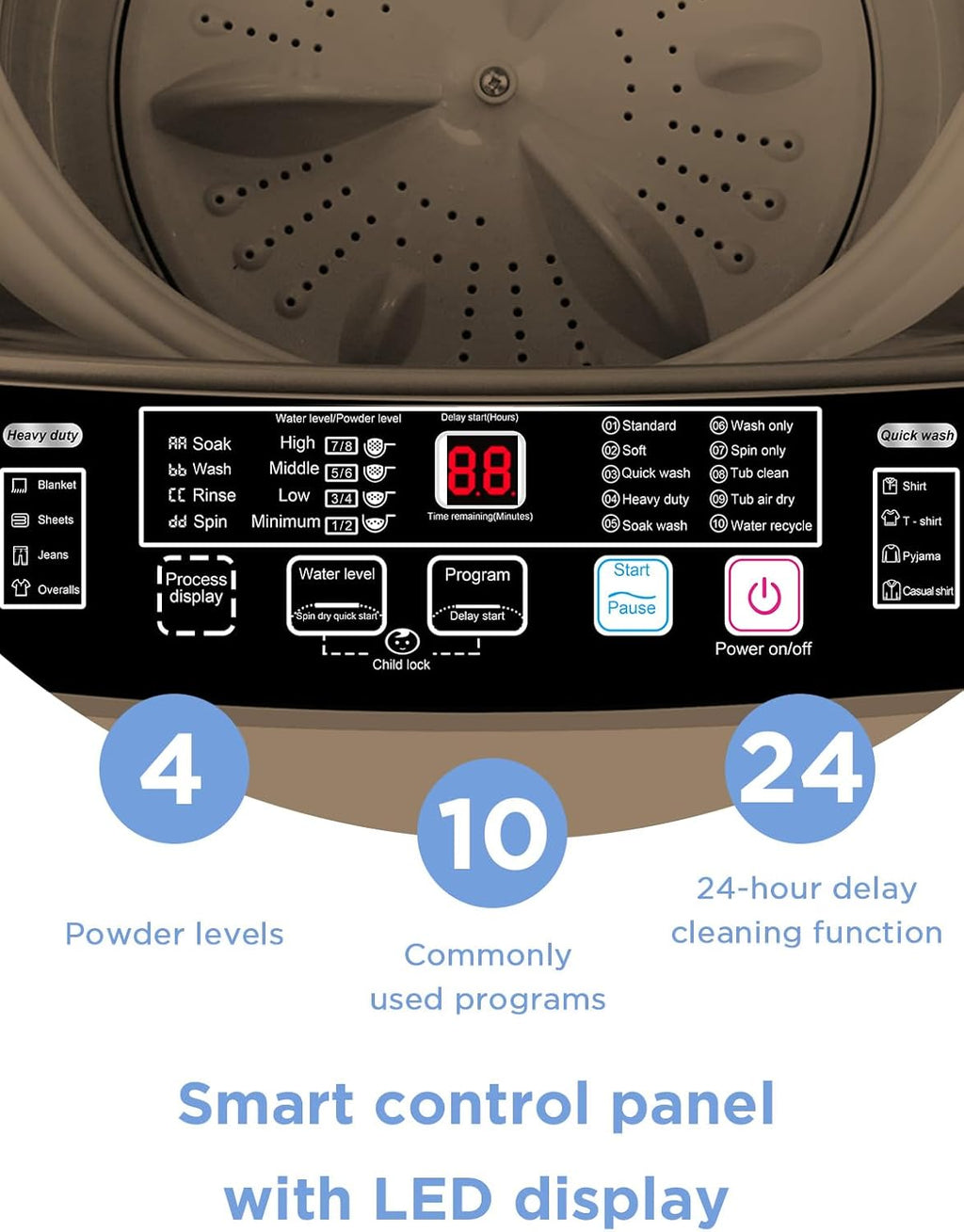 F.W.WOOLWORTHS 17.7 lbs Full-Automatic Washing Machine with LED Display, Laundry Washer with Drain Pump, 10 Wash Programs 8 Water Levels Washer & Spinner for Home, Apartment, Dorms, Gold