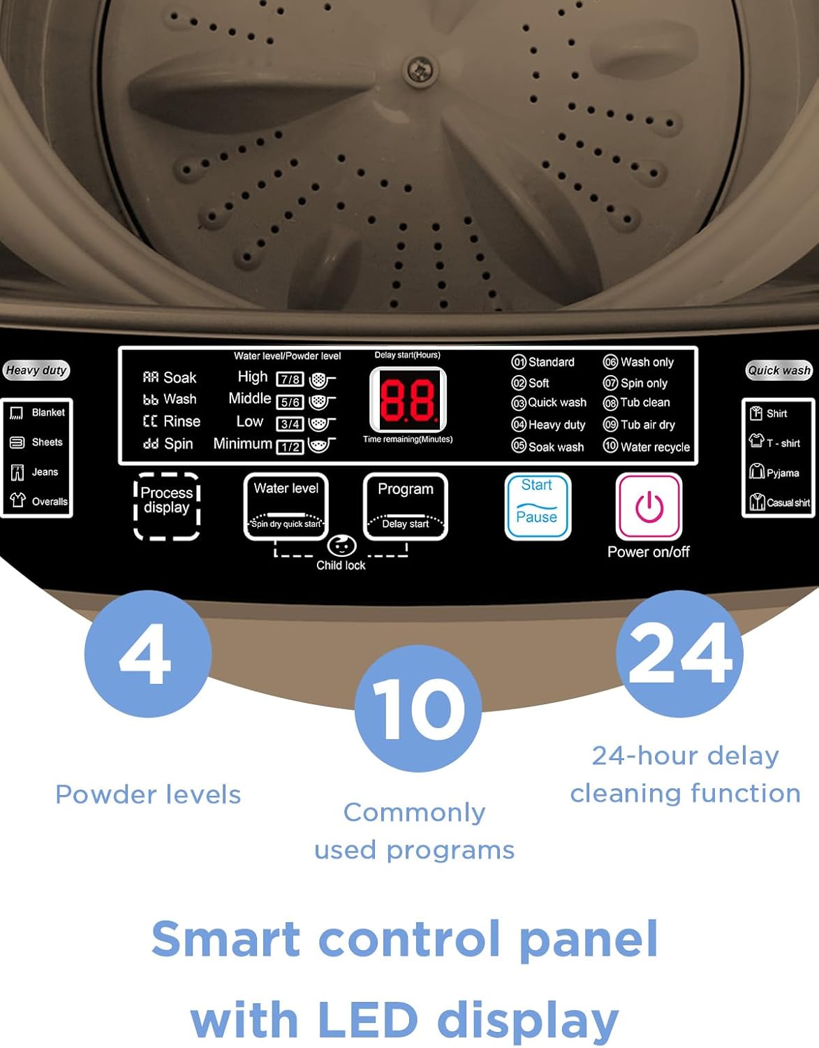 F.W.WOOLWORTHS 17.7 lbs Full-Automatic Washing Machine with LED Display, Laundry Washer with Drain Pump, 10 Wash Programs 8 Water Levels Washer & Spinner for Home, Apartment, Dorms, Gold
