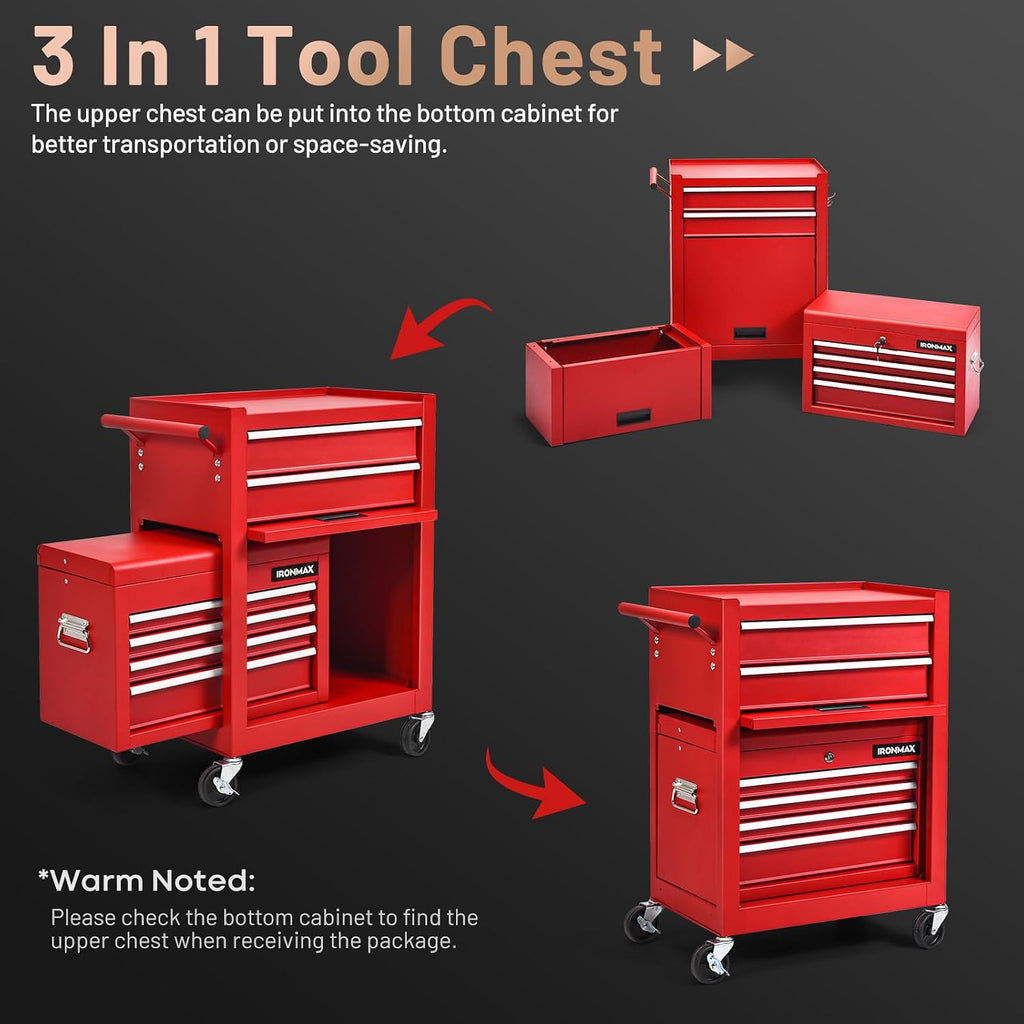 ERGOMASTER 6-Drawers Tool Chest, High Capacity Tool Storage Cabinet with Wheels and Locking System, Removable Tool-Box Bench for Garage -Upgrade 6 & Red
