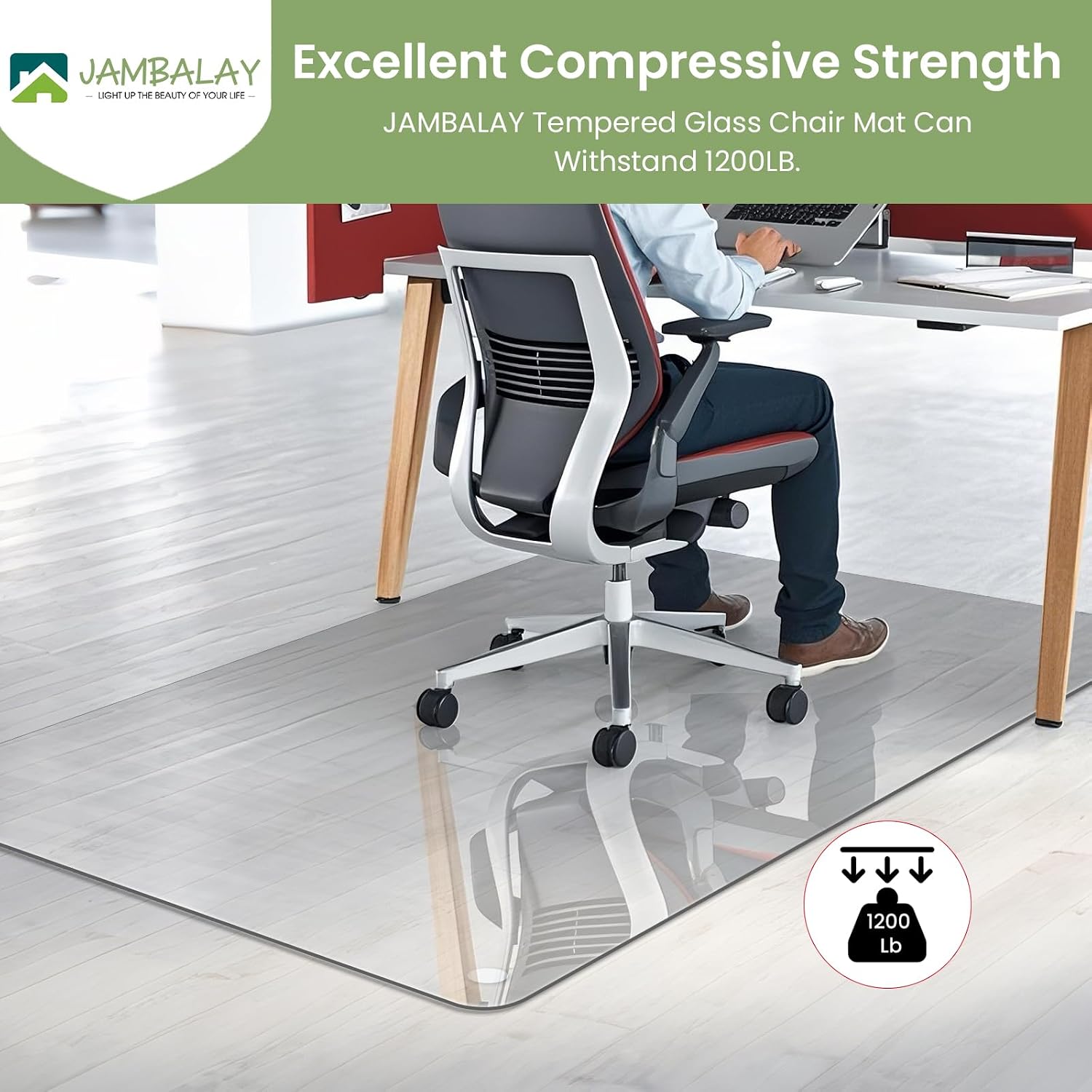 JAMBALAY 55″×46″ Tempered Glass Chair Mat, Heavy Duty Glass Office Floor Mat for Carpets and Wooden Floor, with 12 Anti-Slip Pads, Polished Edges and Round Corners, Easy Roll On, Thick 0.2″