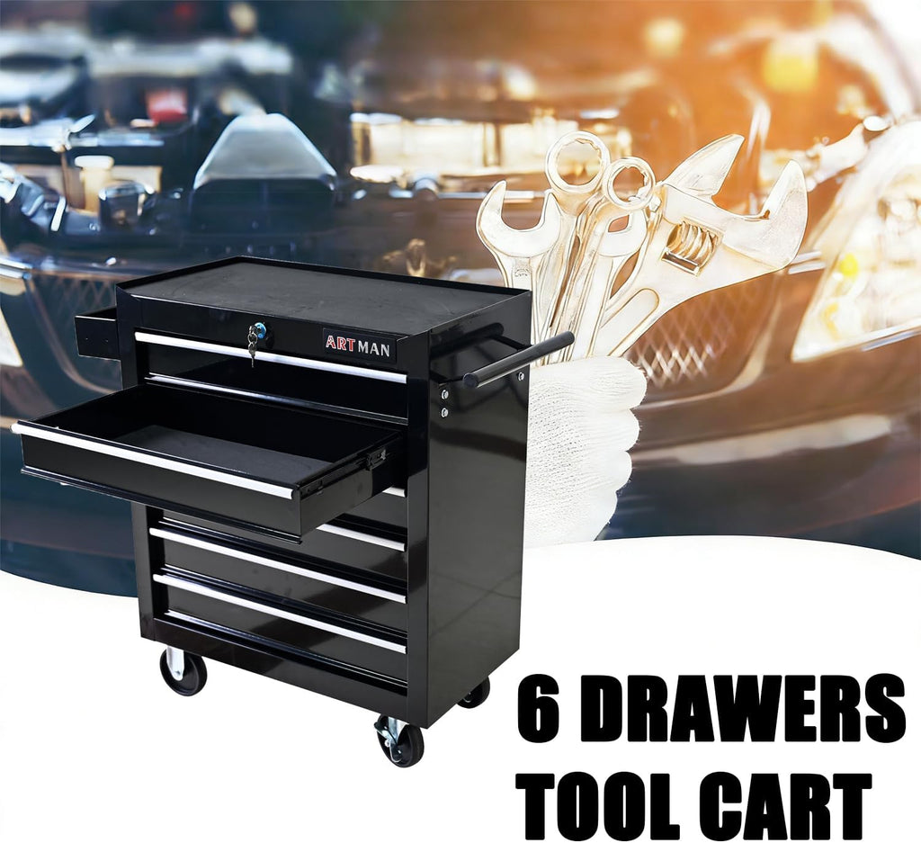 6-Drawer Tool Cart on Wheels, Drawers Rolling Tool Chest with Key Lock, Mobile Trolley Organizer Tools Box with Locking Wheels & Ball Bearing Drawers for Garage,Warehouse,Repair Shop (Black)