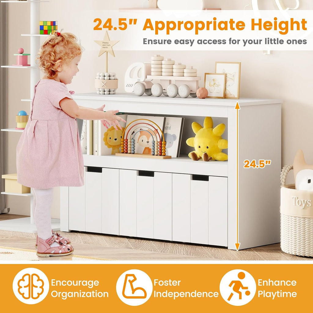 HONEY JOY Kids Toy Storage Organizer, Children Daycare Shelf, 3 Wooden Toy Box w/Wheels, Toddler Classroom Display Cabinet for Playroom, Nursery, Kindergarten (White)