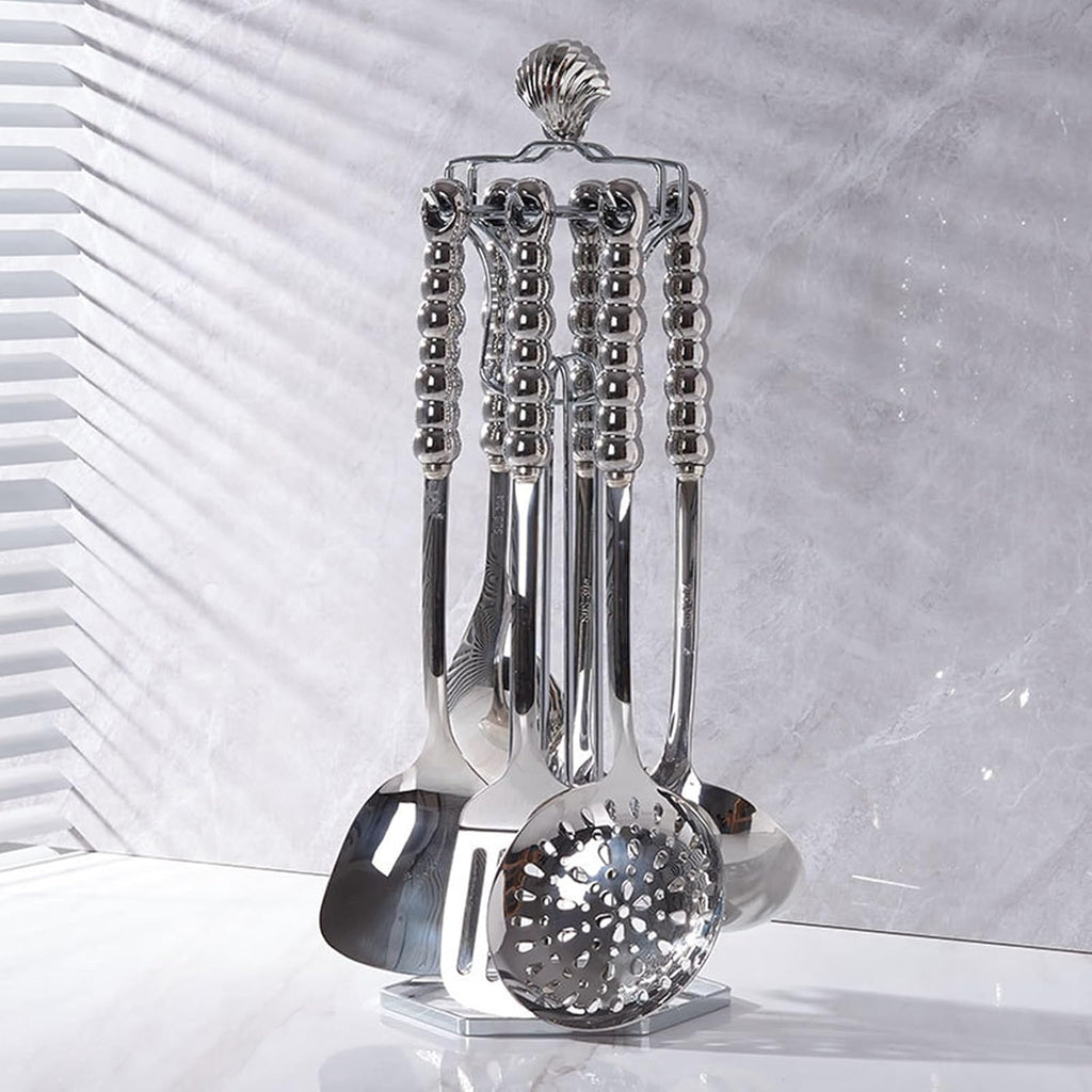 Kitchen Cooking Utensils Set Stainless Steel with Holder 7 Pcs High-Grade Metal Kitchenware Set Utensils with Heat Resistant Ceramic Handle BPA Free Dishwasher Safe, Silver