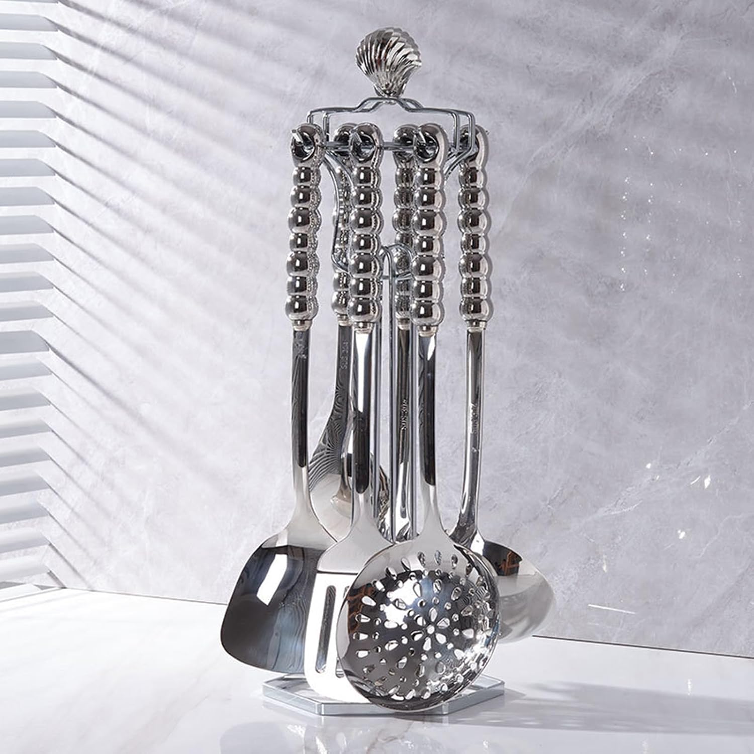 Kitchen Cooking Utensils Set Stainless Steel with Holder 7 Pcs High-Grade Metal Kitchenware Set Utensils with Heat Resistant Ceramic Handle BPA Free Dishwasher Safe, Silver