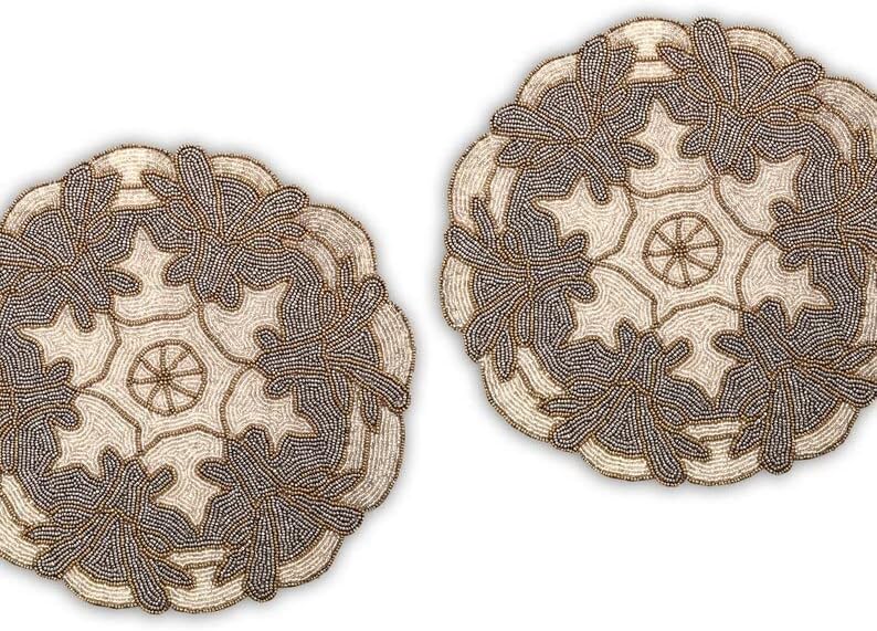 HM CREATIONS Set of 4 Placemats, Handmade Beaded Placemats, Floral Tablemats, Designer Charger Plates 13X36 Inches (4)