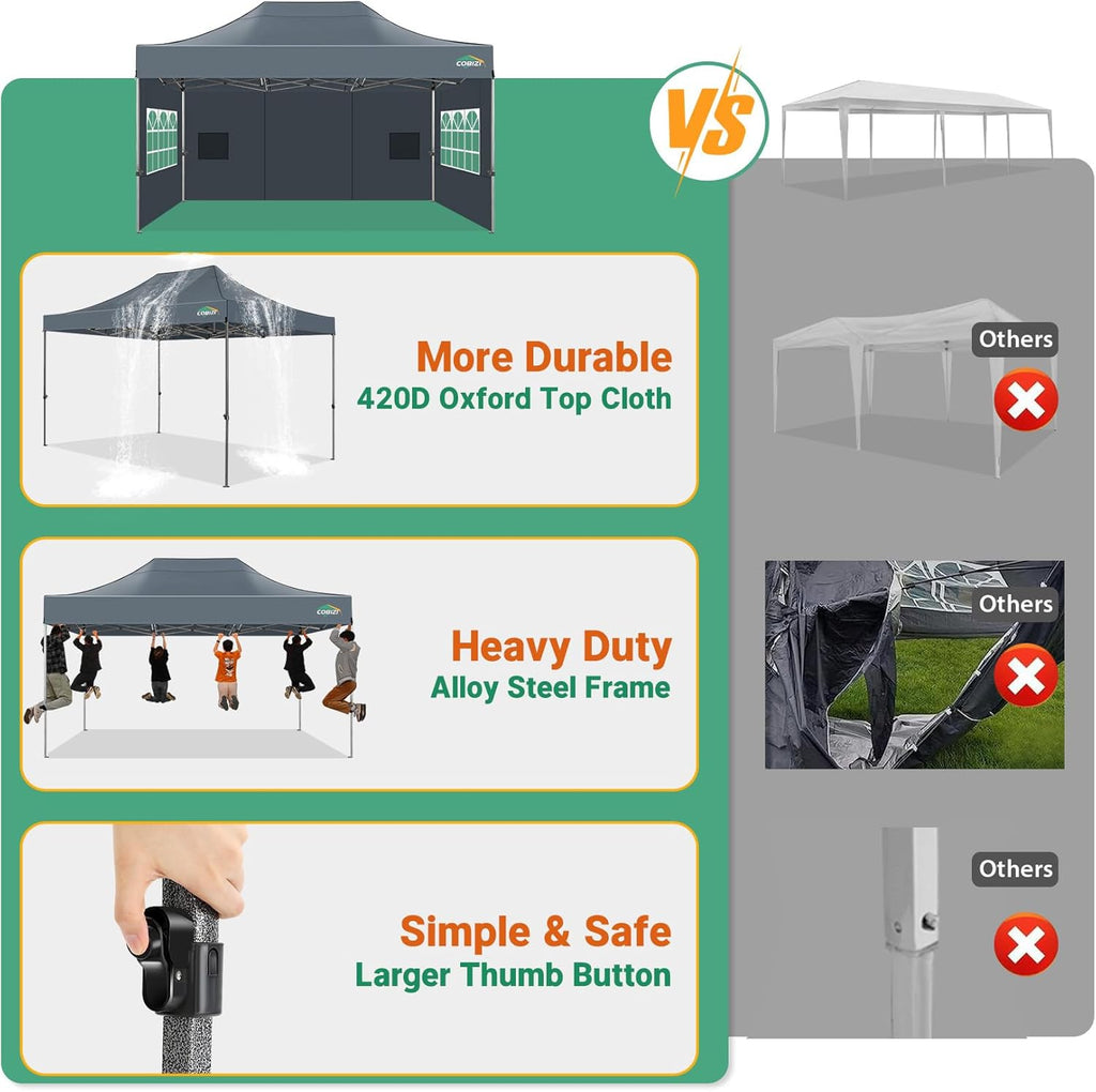 COBIZI 10x15 Pop up Canopy Tent Heavy Duty, Easy Set-up Commercial Outdoor Party Tent, 100% Waterproof Wedding Tents Gazebo, 3 Height Adjustable with Wheeled Bag, Gray