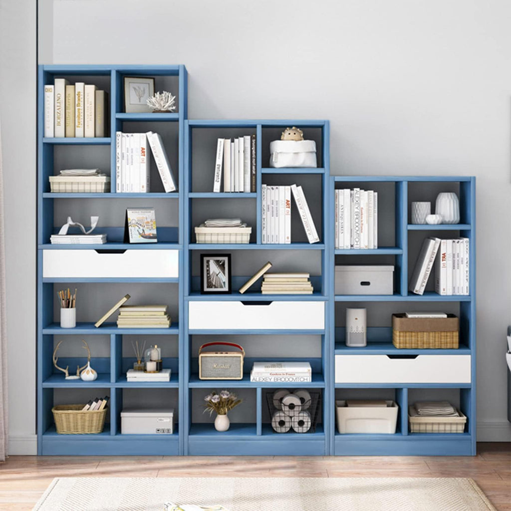 IOTXY Wooden Open Shelf Bookcase - 51' Height Freestanding Display Storage Cabinet Organizer with 7 Cubes and a Drawer, Floor Standing Bookshelf, Blue