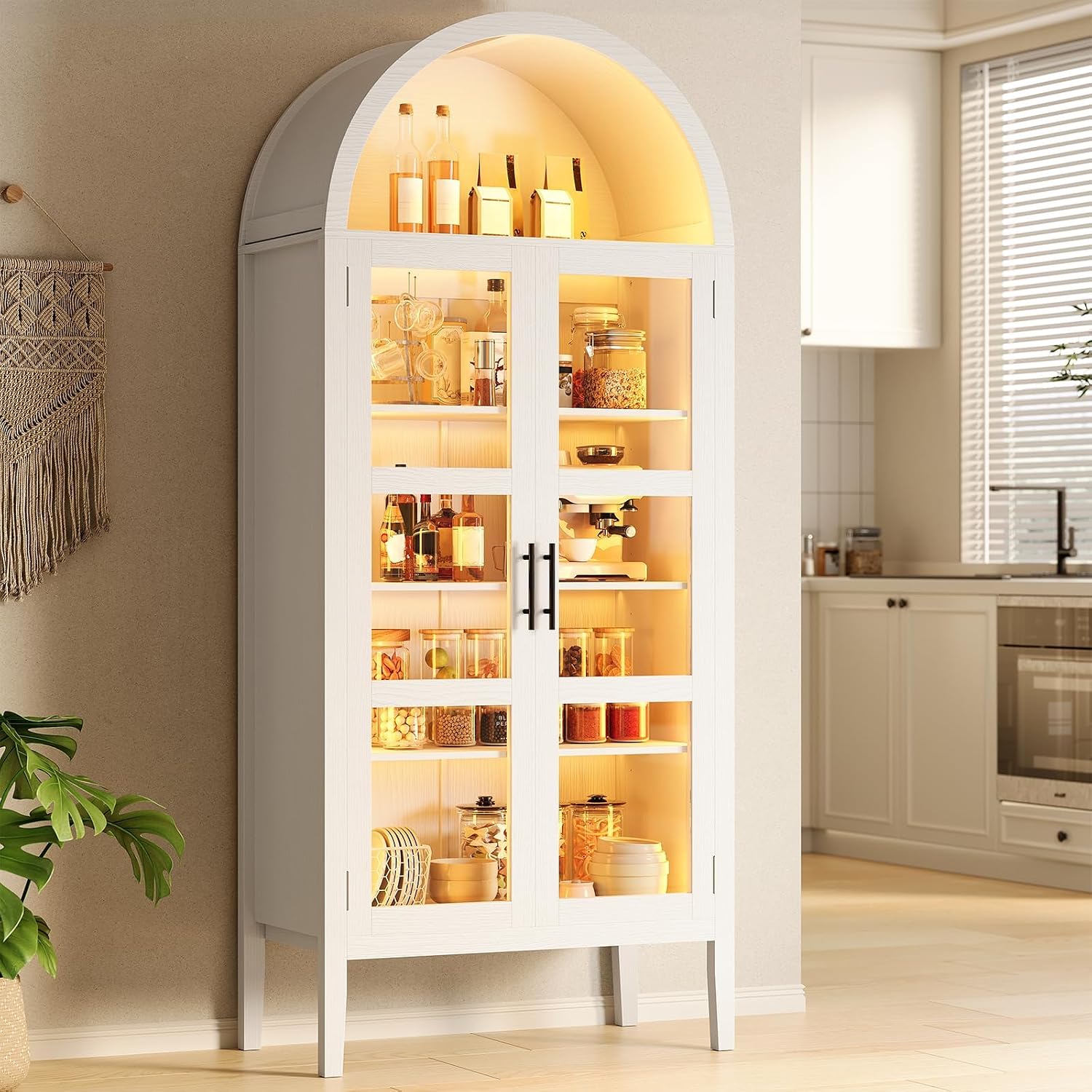 70 in Tall Arched Kitchen Pantry Cabinet with LED Lights, Modern Wood Arched Bookshelf with Glass Doors & Adjustable Shelves, Elegant Display Cabinet for Kitchen, Dining Room, Living Room
