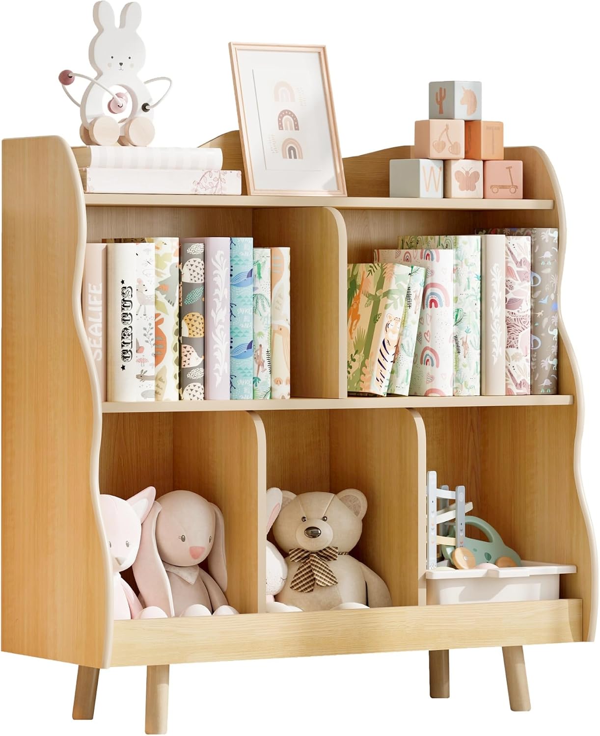 Treocho Kids Bookshelf and Toy Storage Orangizer, 3-Tier Wooden Children's Bookcase with Curve Design, 5 Toy Storage Cabinet Display with Legs for Children's Room, Playroom, School, Natural