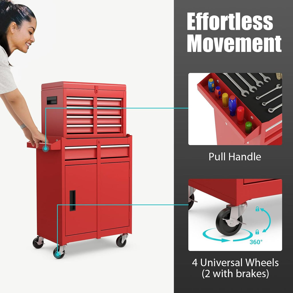 Rolling Tool Chest, 5-Drawer Tool Storage Cabinet with Wheels, Adjustable Shelf & Anti-Slip Liner, Tool Box Organizer for Garage, Warehouse & Workshop (Red)