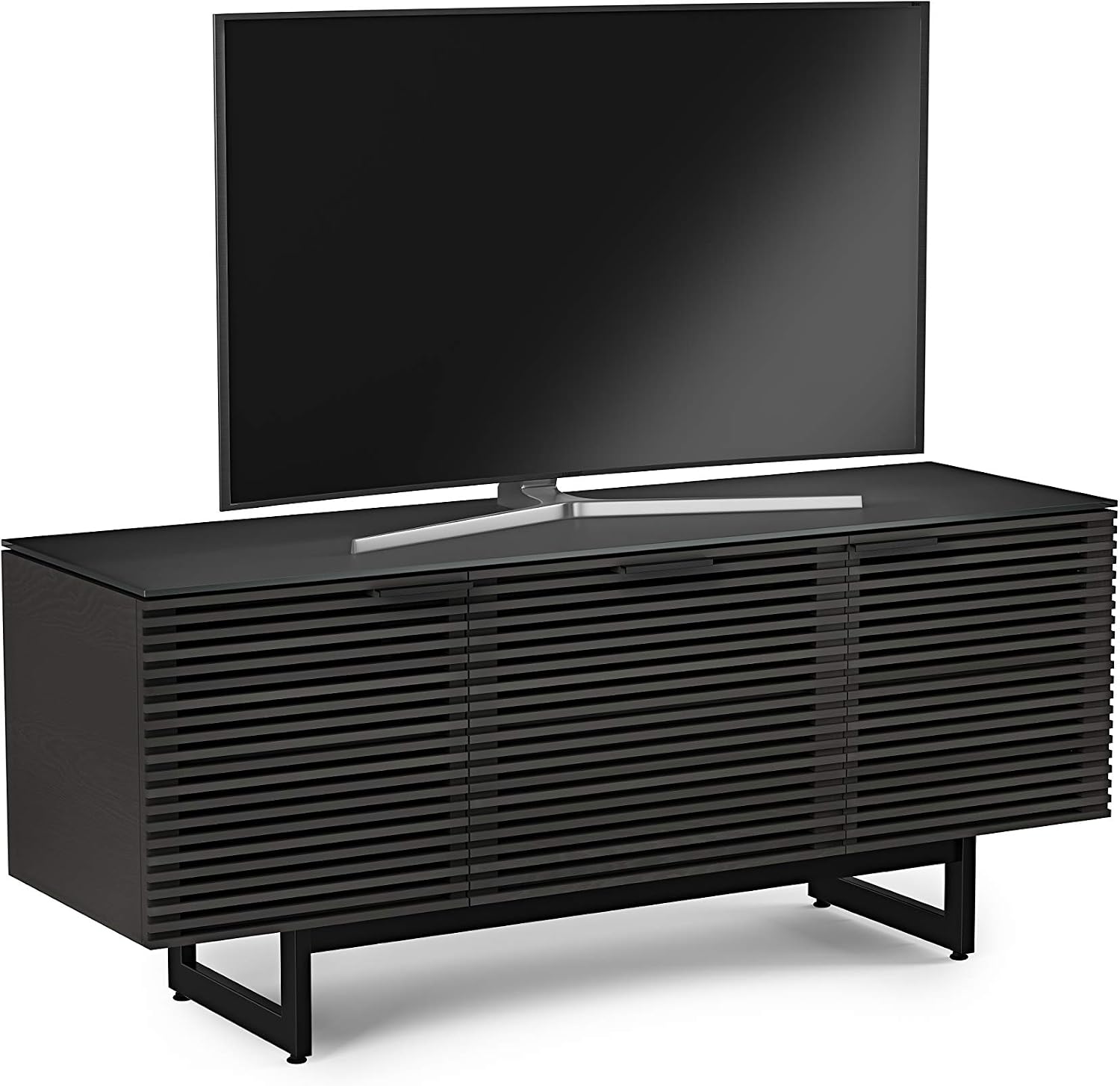 BDI Furniture Corridor 8177-65'' TV Stand for TVs up to 70' with Soundbar Shelf, Storage Drawer, Cable Management, Remote-Friendly Louver Doors, Satin-Etched Glass Top, Charcoal Stained Ash