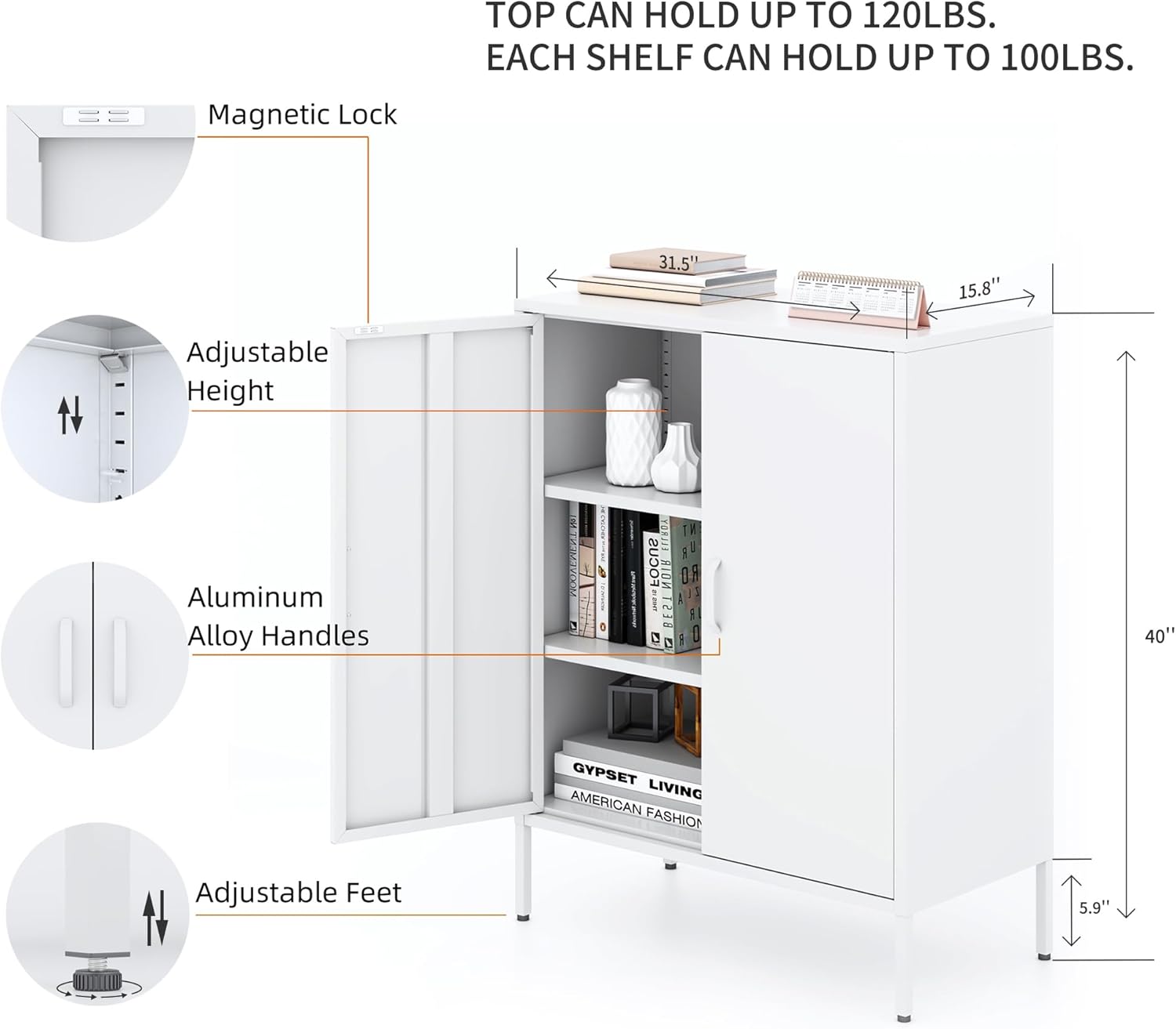 Chshin White Metal Storage Cabinet,Metal Locker Storage Cabinet with 2 Doors and Shelves,Kitchen Pantry Cabinet,Modern Storage Freestanding Organizer Rust for Home,Kitchen,Office