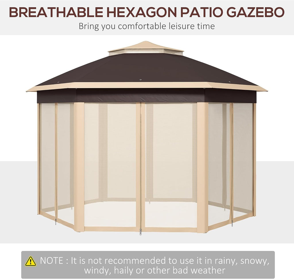 Outsunny 13' x 13' Pop Up Gazebo, Hexagonal Canopy Shelter with 6 Zippered Mesh Netting, Event Tent with Strong Steel Frame for Patio Backyard Garden Wedding Party, Beige