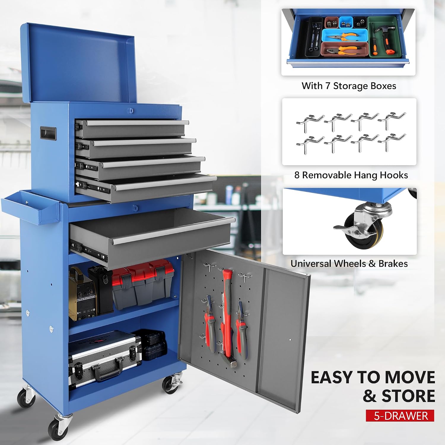 Tool Chest, 5-Drawer Rolling Tool Storage Cabinet with Detachable Top Tool Box, Liner, Universal Lockable Wheels, Adjustable Shelf, Locking Mechanism, Metal Tool Cart for Garage Workshop