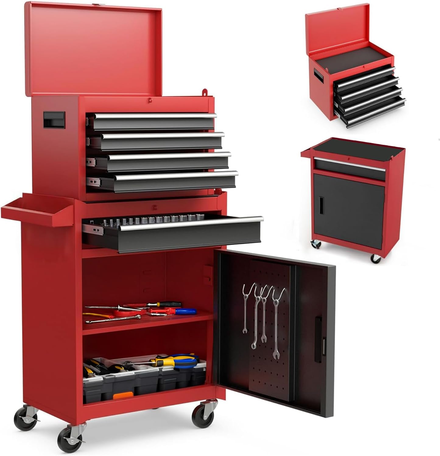 5-Drawers Large Tool Chest Tool Box Organizer with Lockable, 2-In-1 Detachable Tool Storage Cabinet with Wheels, Portable Expandable Tool Cart Toolbox with Drawers for Garage, Workstation, Workshop
