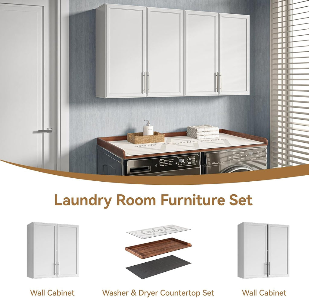 FIMELLO 60' Laundry Room Wall Cabinets and 27.6' x 54' Washer and Dryer Countertop Set, Laundry Room Cabinets Wall Mounted, Upper Cabinets Floating Cabinet - Brown Laundry Countertop