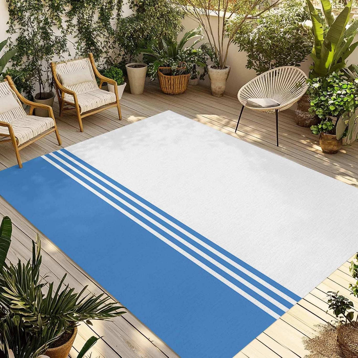 Outdoor Rug 4x6ft Farmhouse Classic Geometric Blue Stripes Patio Area Rugs Waterproof Easy Cleaning Non Shedding Thick Mats White Carpet for Indoor Outdoor Porch Deck Backyard Balcony