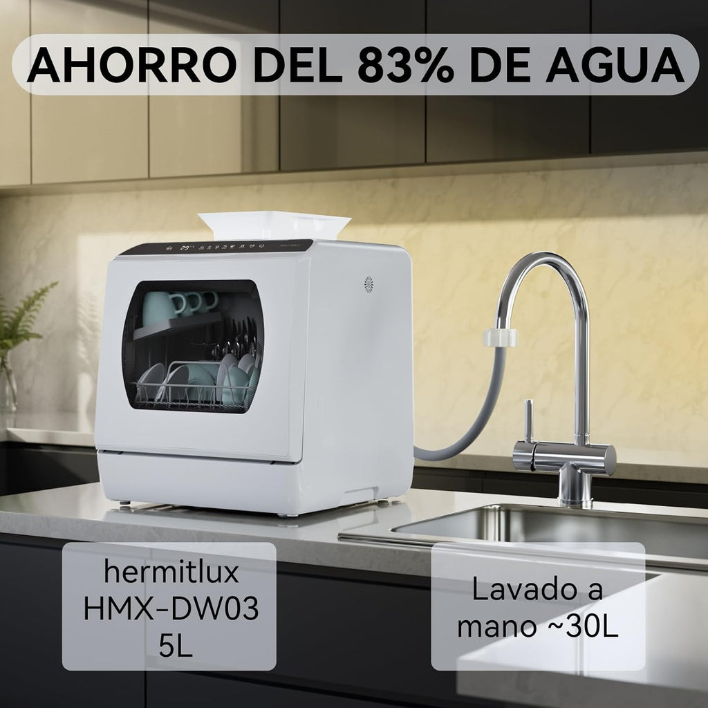Hermitlux Countertop Dishwasher, 5 Washing Programs Portable Dishwasher With 5-Liter Built-in Water Tank For Glass Door