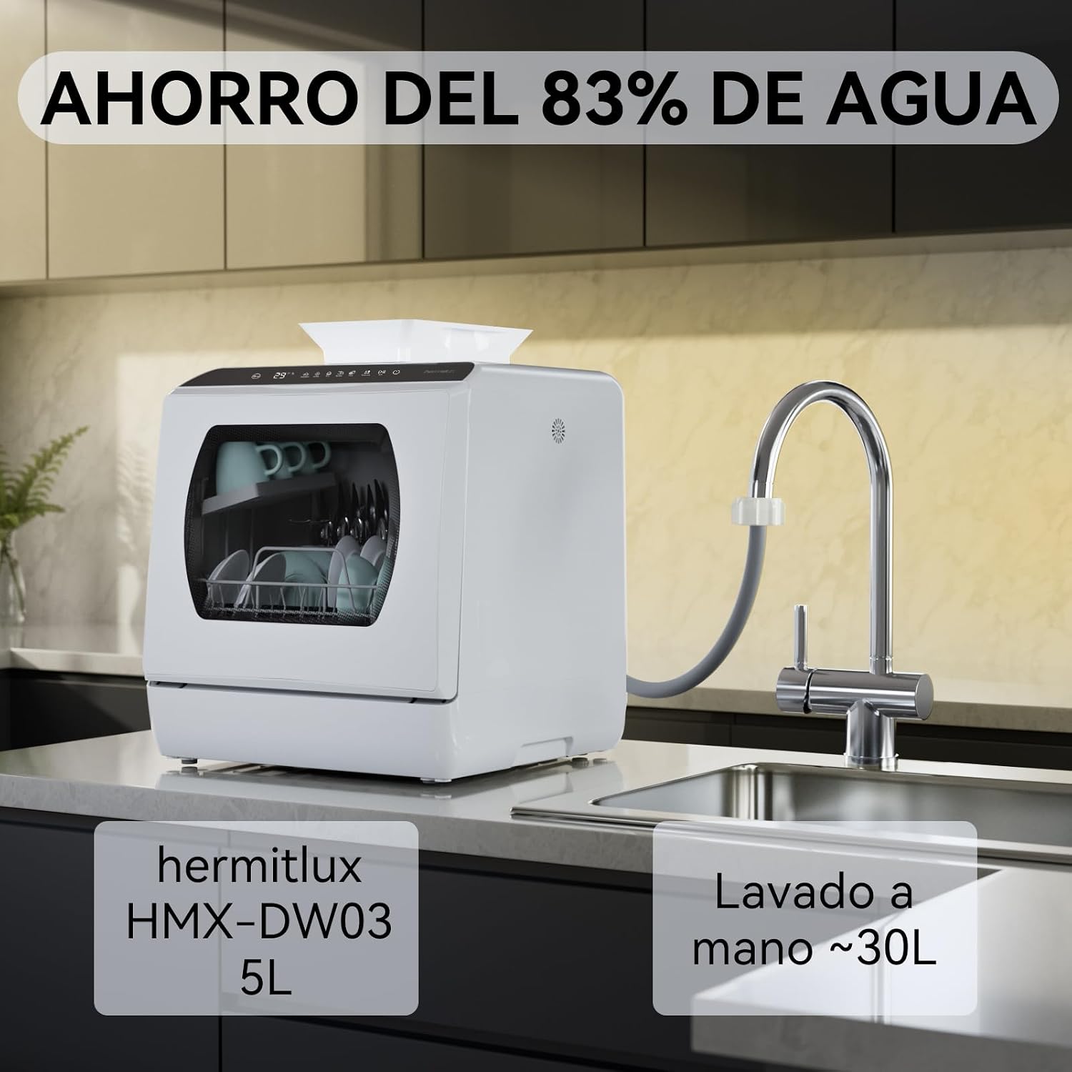 Hermitlux Countertop Dishwasher, 5 Washing Programs Portable Dishwasher With 5-Liter Built-in Water Tank For Glass Door