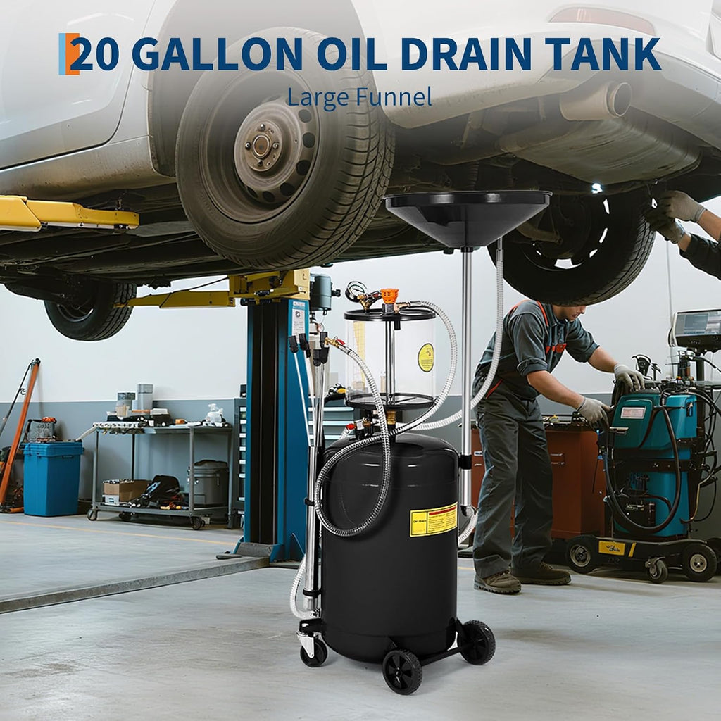 20 Gallon Waste Oil Drain Tank, Air Operated Portable Oil Drainer with Adjustable Funnel, Fluid Fuel Transfer Drainage with Wheels, Oil Change Container for Automotive Workshops
