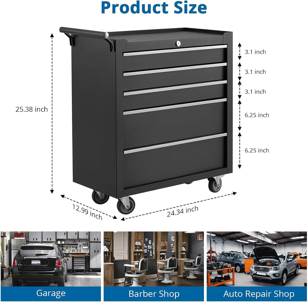 5-Drawer Rolling Tool Chest, with Wheels and Lock, Portable Storage Organizer, Secure Toolbox with Key System, Mobile Cabinet for Workshop, Repair Shop, Warehouse, Black