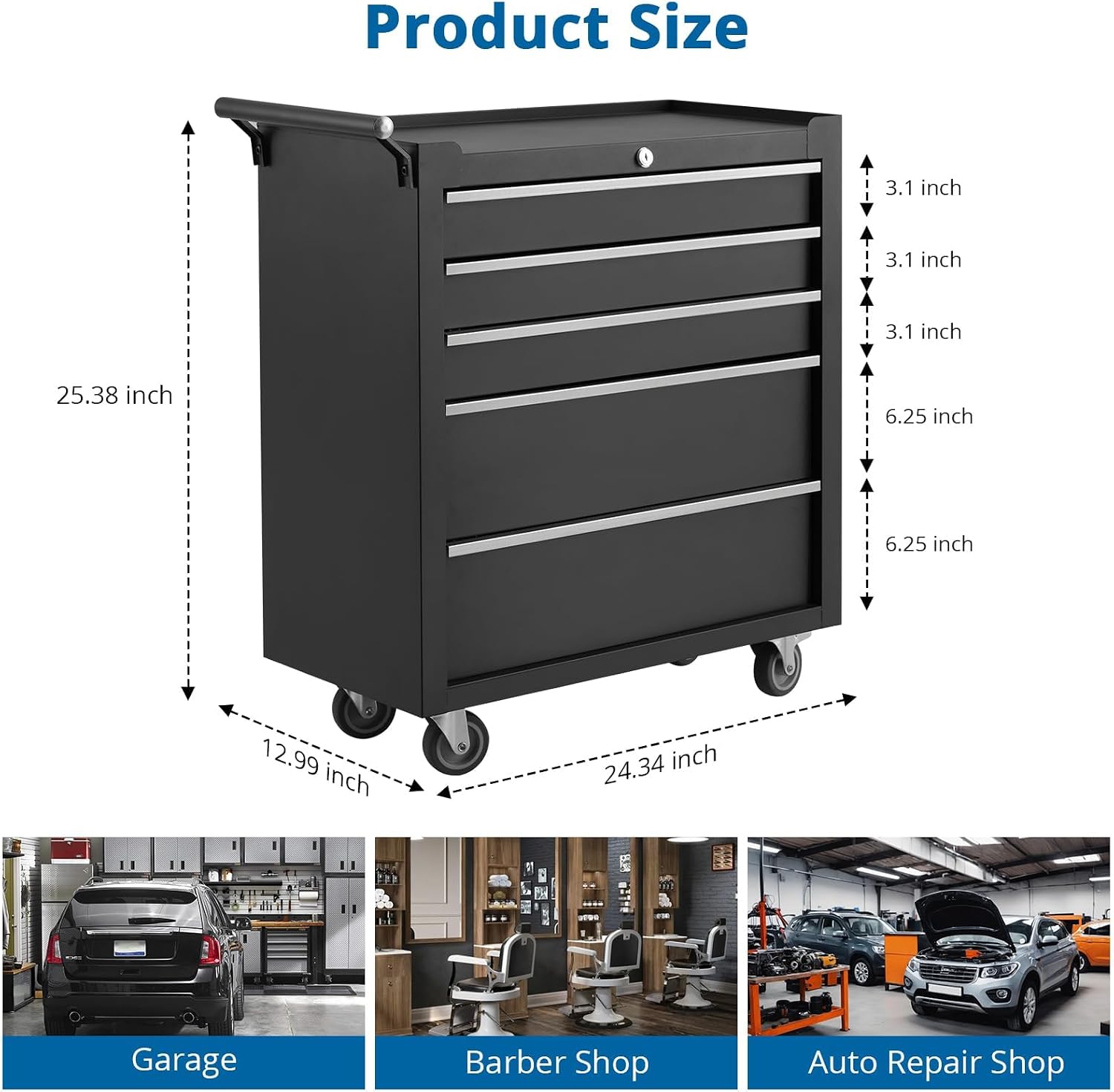 5-Drawer Rolling Tool Chest, with Wheels and Lock, Portable Storage Organizer, Secure Toolbox with Key System, Mobile Cabinet for Workshop, Repair Shop, Warehouse, Black