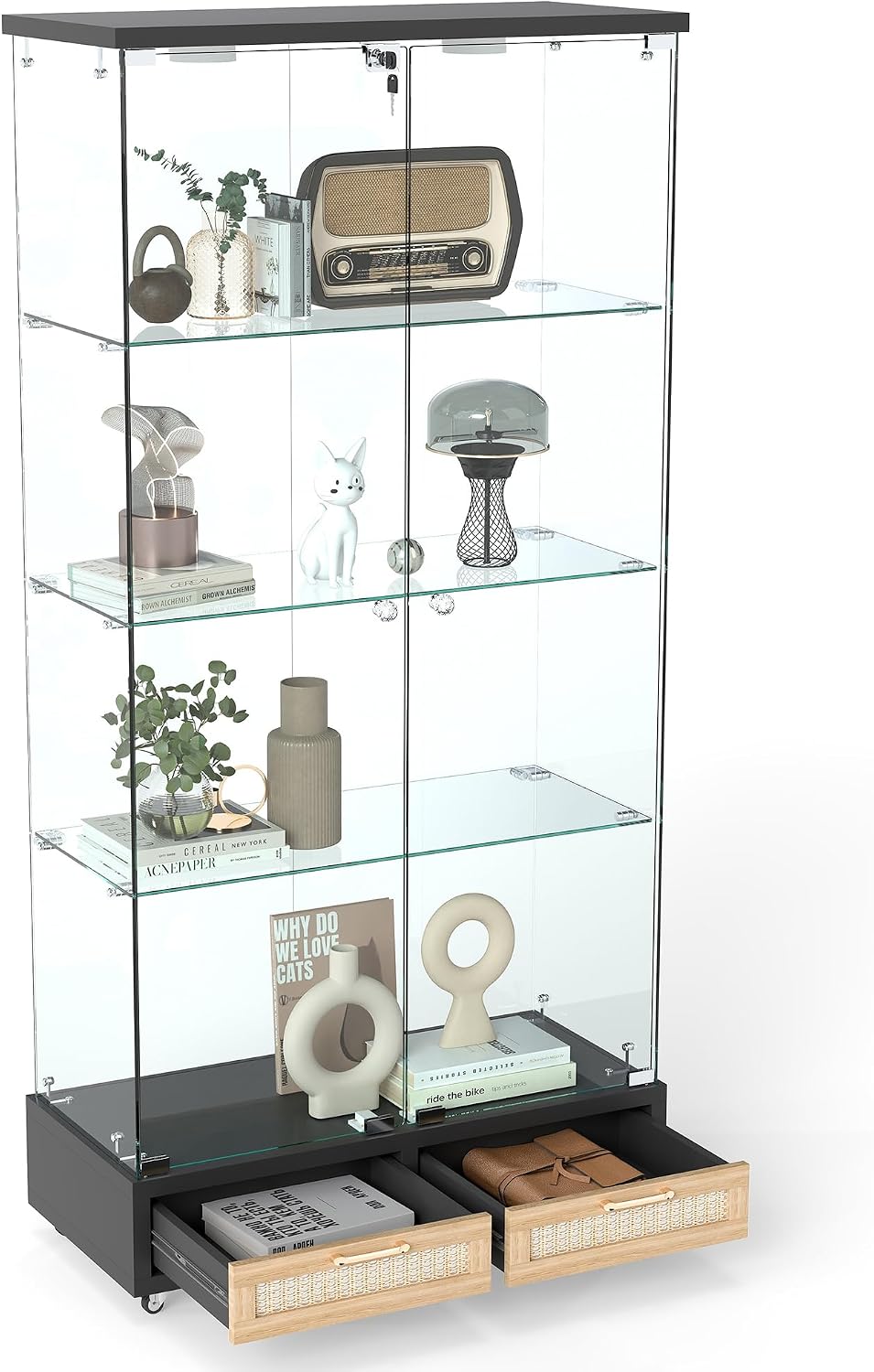 Modern Glass Display Cabinet with LED Light 4-Shelf Curio Cabinets with Rattan Drawer and Wheels,Tempered Glass Display Shelf Bookcase for Living Room Home Office