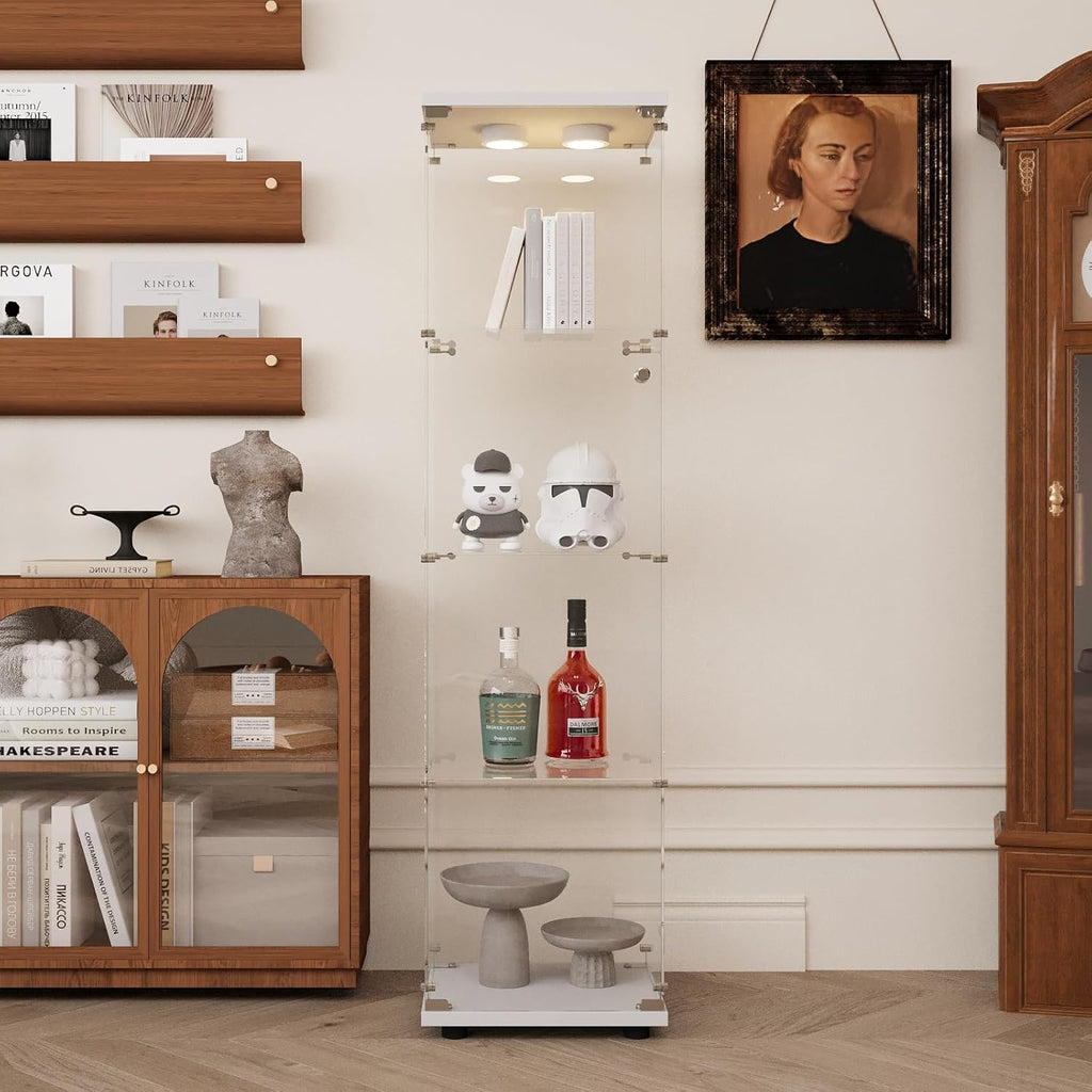 Glass Display Cabinet with LED Light and Lock, 4-Shelf Curio Cabinets with 5mm Tempered Glass Floor Standing Bookshelf (64' Hx 16.7' W x 14.3' D, White)