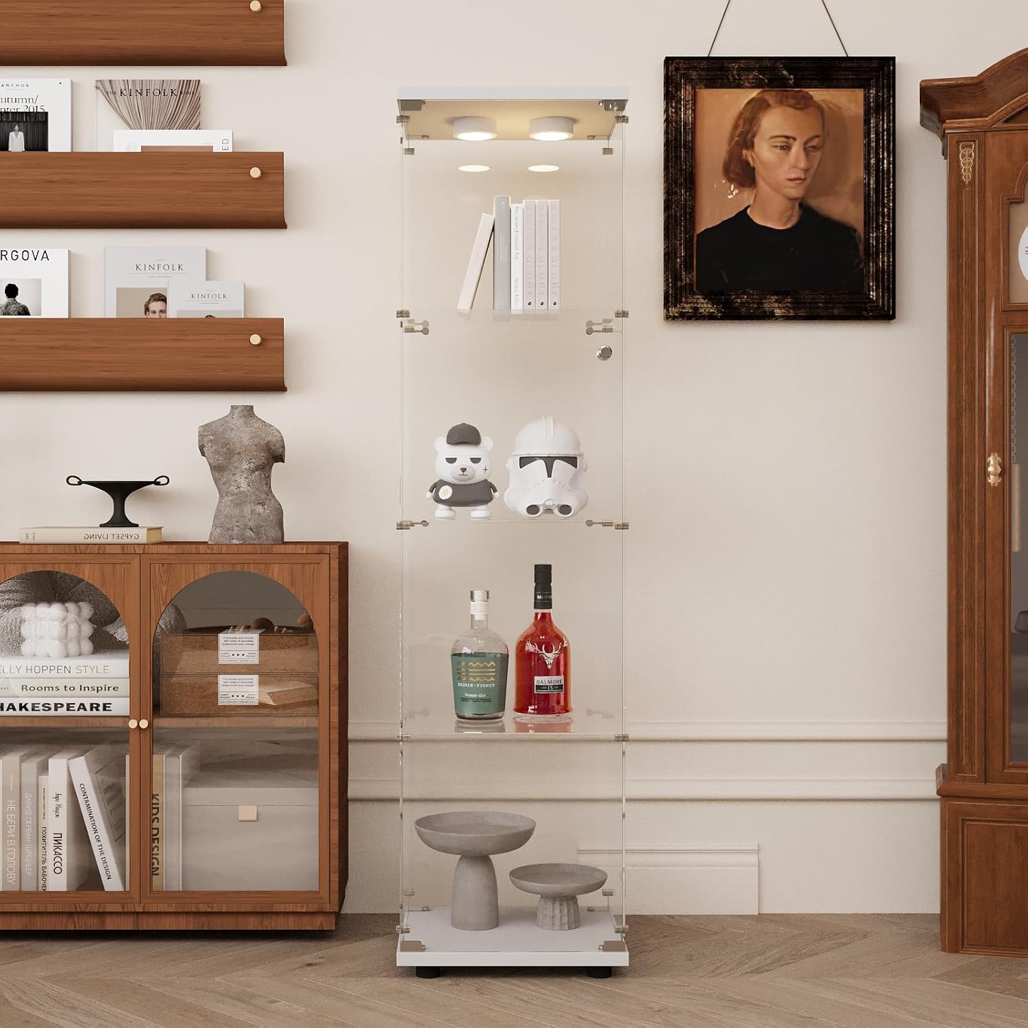Glass Display Cabinet with LED Light and Lock, 4-Shelf Curio Cabinets with 5mm Tempered Glass Floor Standing Bookshelf (64' Hx 16.7' W x 14.3' D, White)