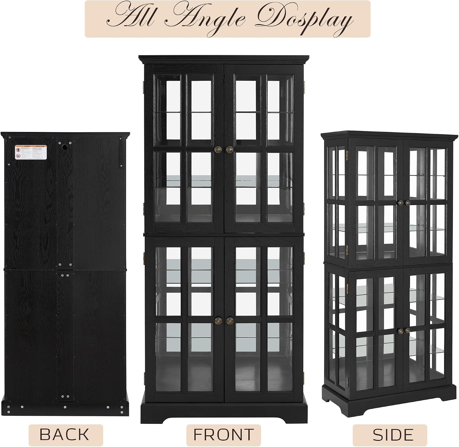 Glass Display Cabinet, 69' H Curio Cabinet with Adjustable Shelves and 4 Glass Doors, Light Bulb Included, Elegant Antique Showcase, Rack for Living Room/Home Office (Black)