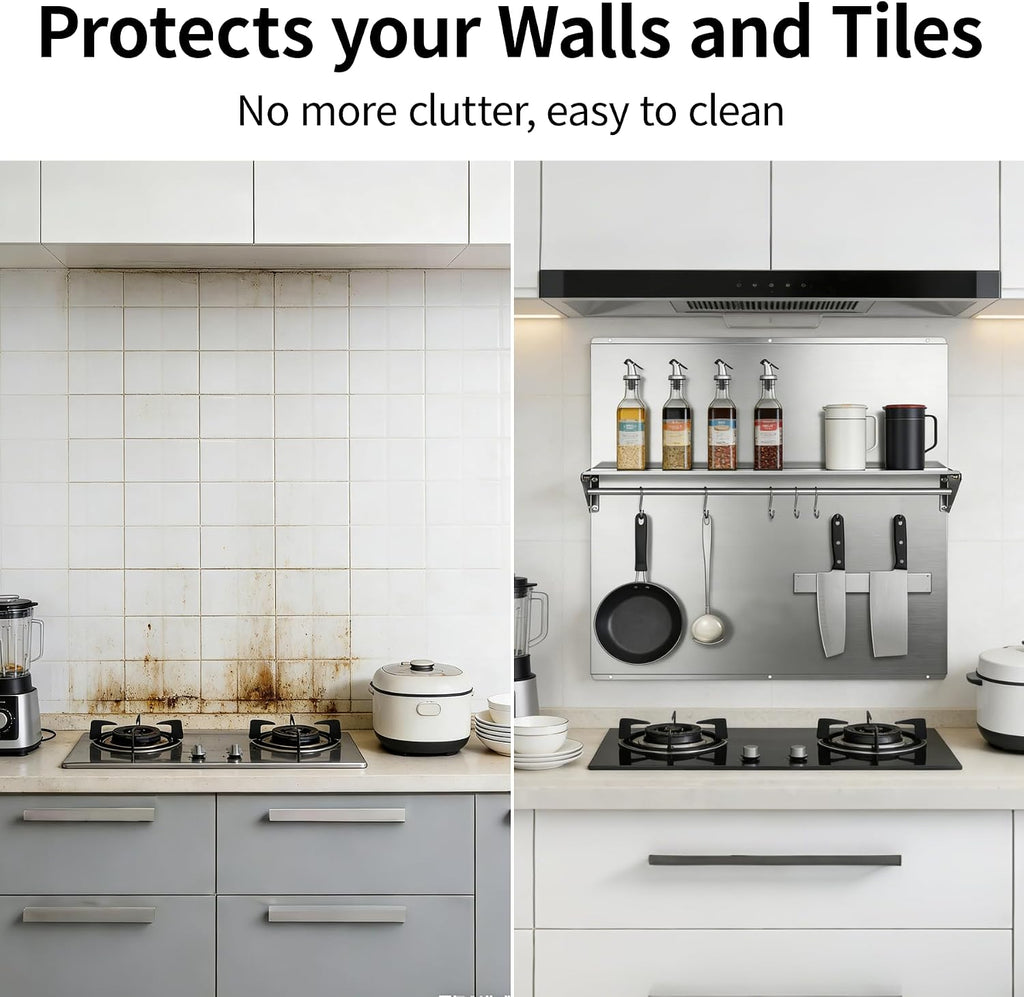 Range Backsplash – 30'x30' 304 Stainless Steel Backsplash with Storage Shelf & Magnetic Knife Holder, Stove Backsplash for Kitchen Wall Protection, Pre-Drilled Holes for Easy Installation & Easy Clean