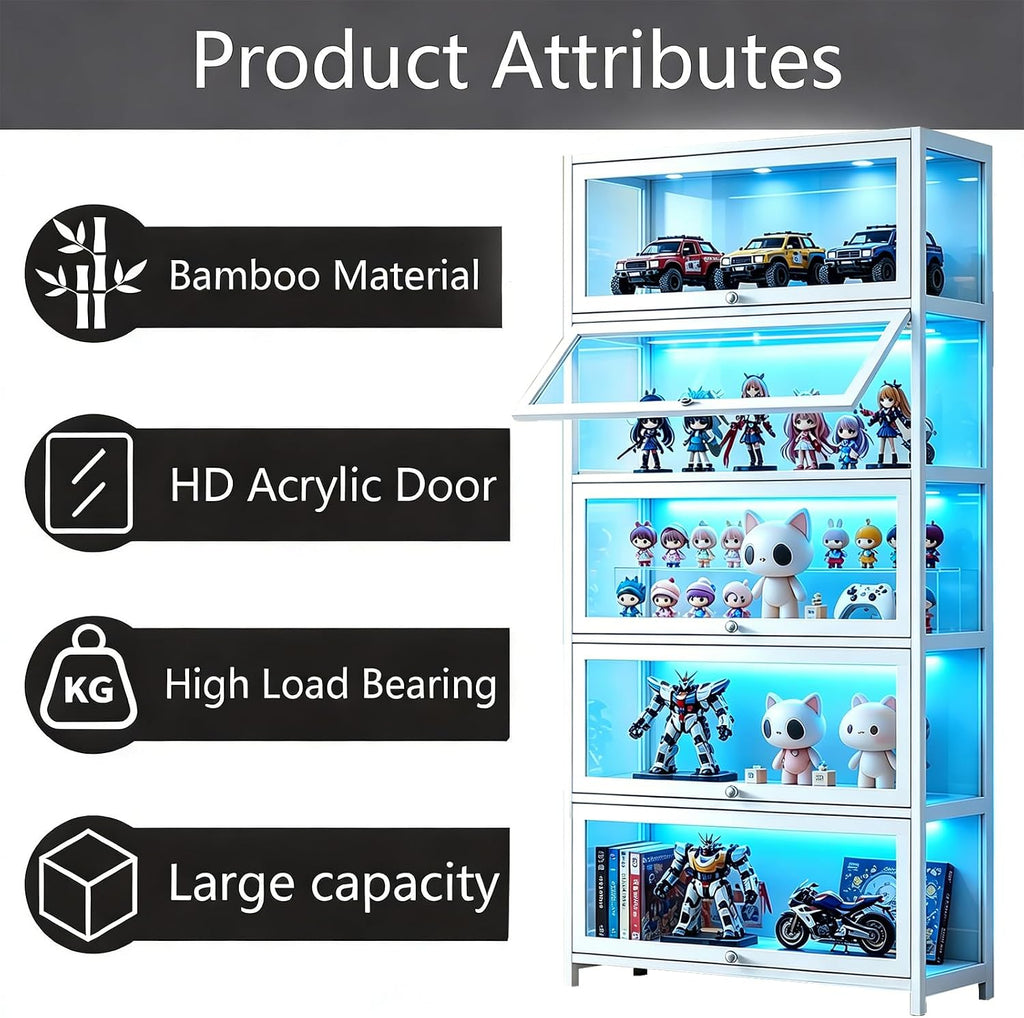 Curio Display Cabinet with Acrylic Glass Door, 5-Tier Display Case, Curio Cabinet & Bookcase for Collectibles, Display Shelf for Home, Reading Nook, Playroom, Living Room (White-flip Door)