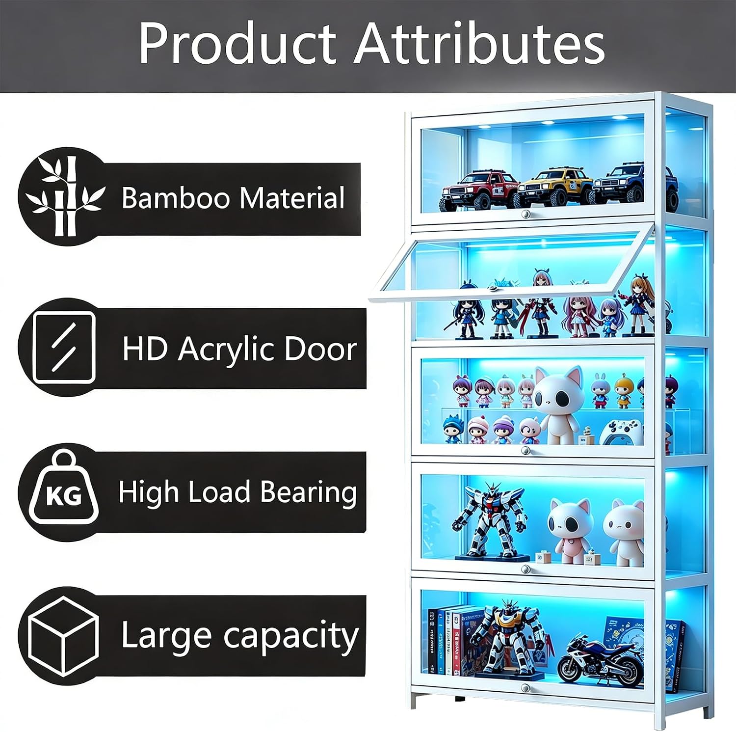 Curio Display Cabinet with Acrylic Glass Door, 5-Tier Display Case, Curio Cabinet & Bookcase for Collectibles, Display Shelf for Home, Reading Nook, Playroom, Living Room (White-flip Door)