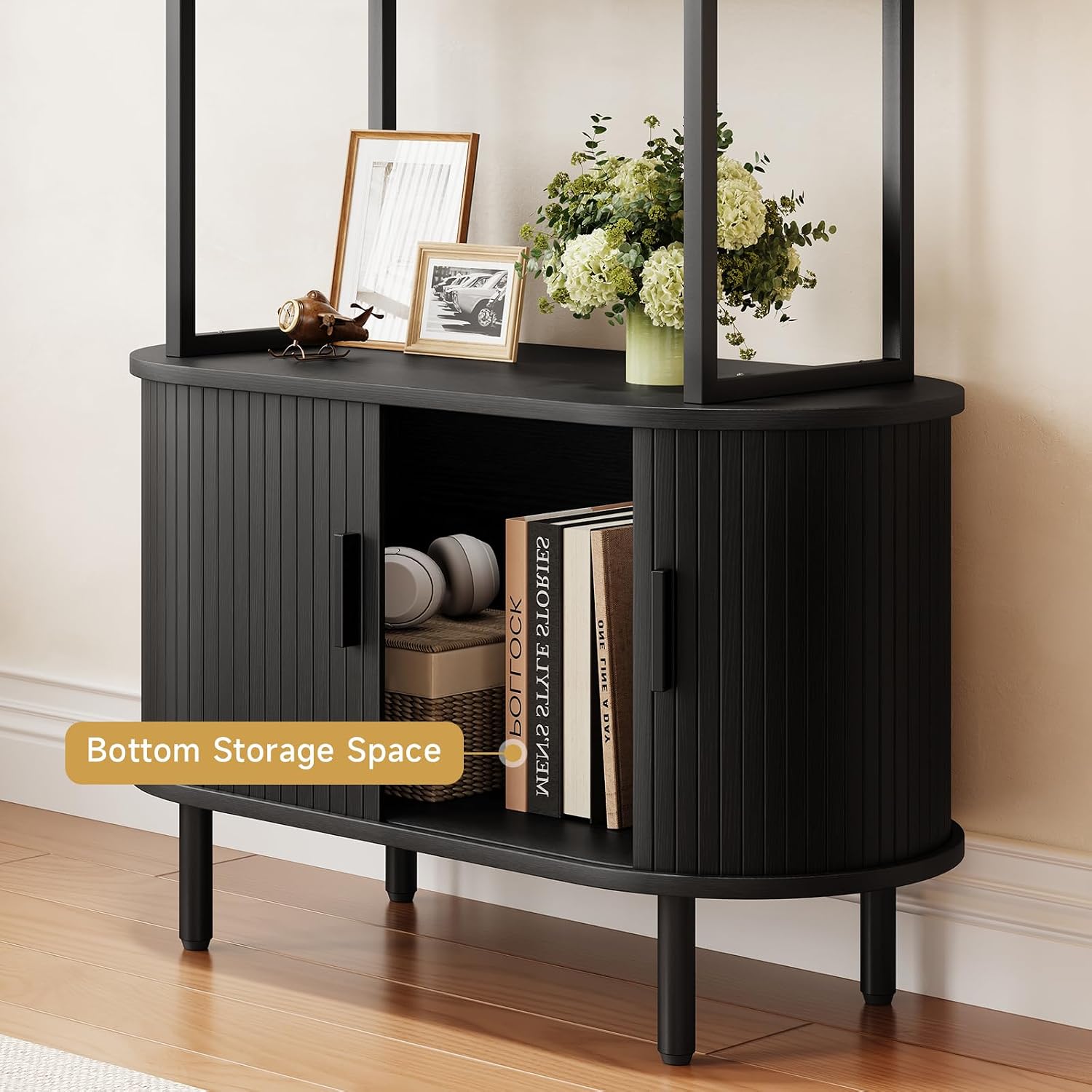 5 Tier Tall Bookshelf with Cabinet, Fluted Bookcase with Sliding Door, Metal and Wood Display Shelf, Free Standing Storage Shelving Unit, Corner Storage Organizer for Living Room, Home Office, Black