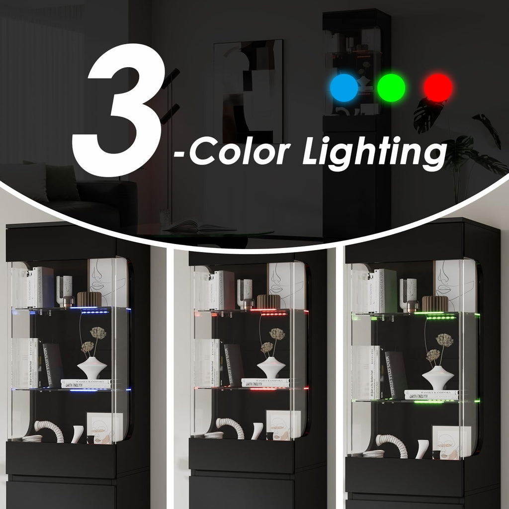 Glass Display Cabinet with 3 Color Lights for Collectibles, High Gloss Curio Cabinets with Glass Door & Adjustable Shelf, 15.7' W Slim Bookcases for Small Spaces, Living Room, Black