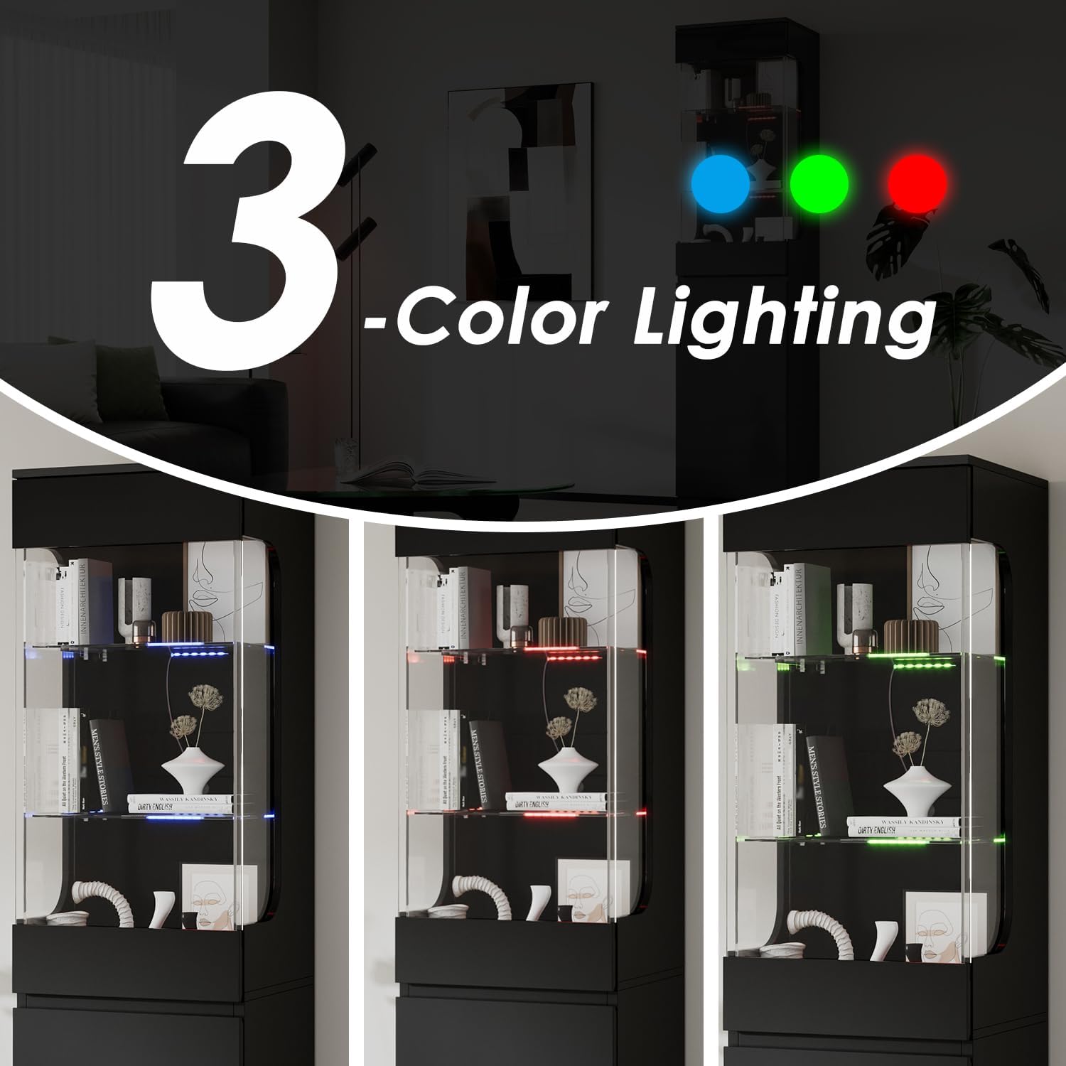 Glass Display Cabinet with 3 Color Lights for Collectibles, High Gloss Curio Cabinets with Glass Door & Adjustable Shelf, 15.7' W Slim Bookcases for Small Spaces, Living Room, Black