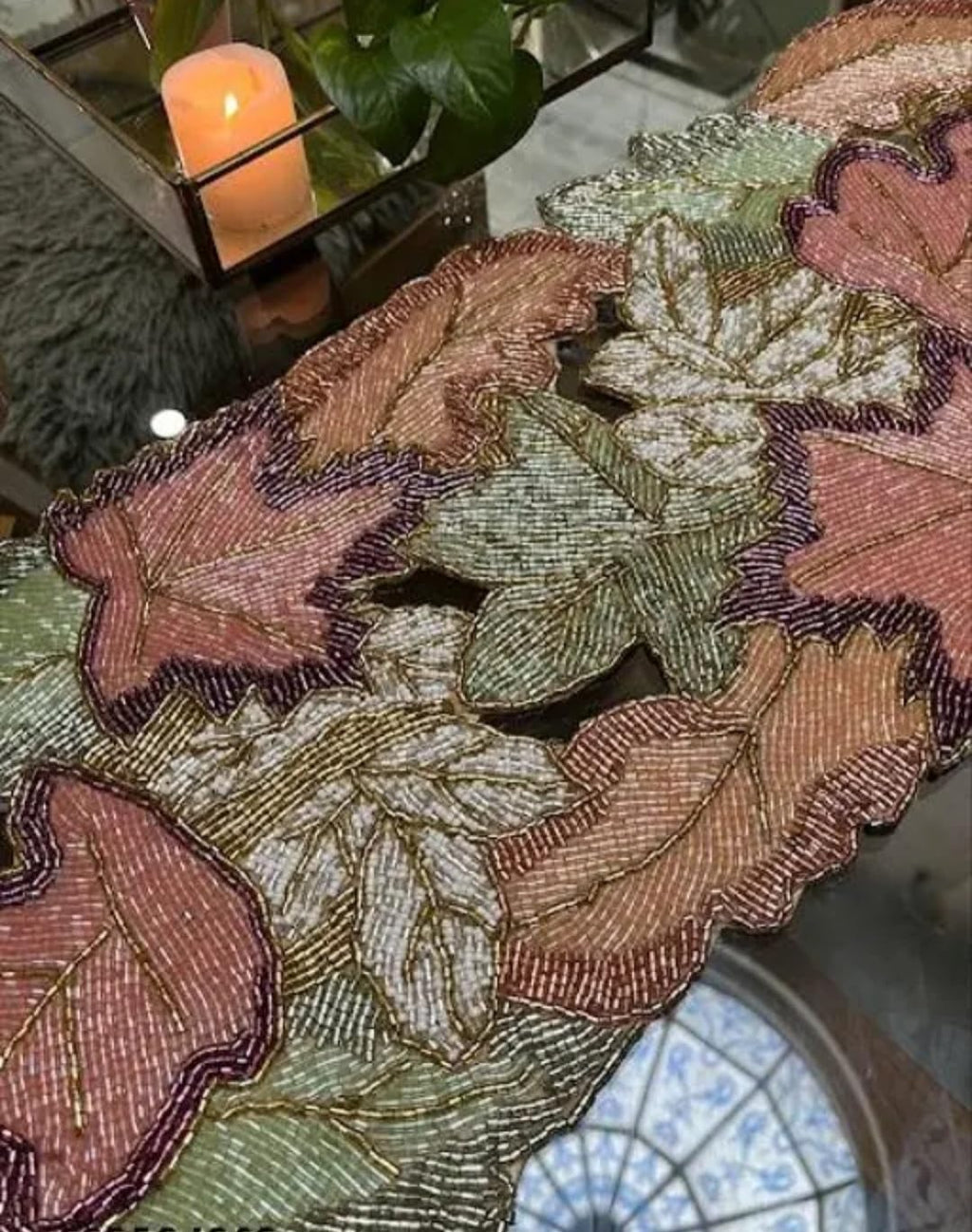 Beaded Table Runner, Floral Design, Pink Green Cream, Handcrafted Decorative Accent