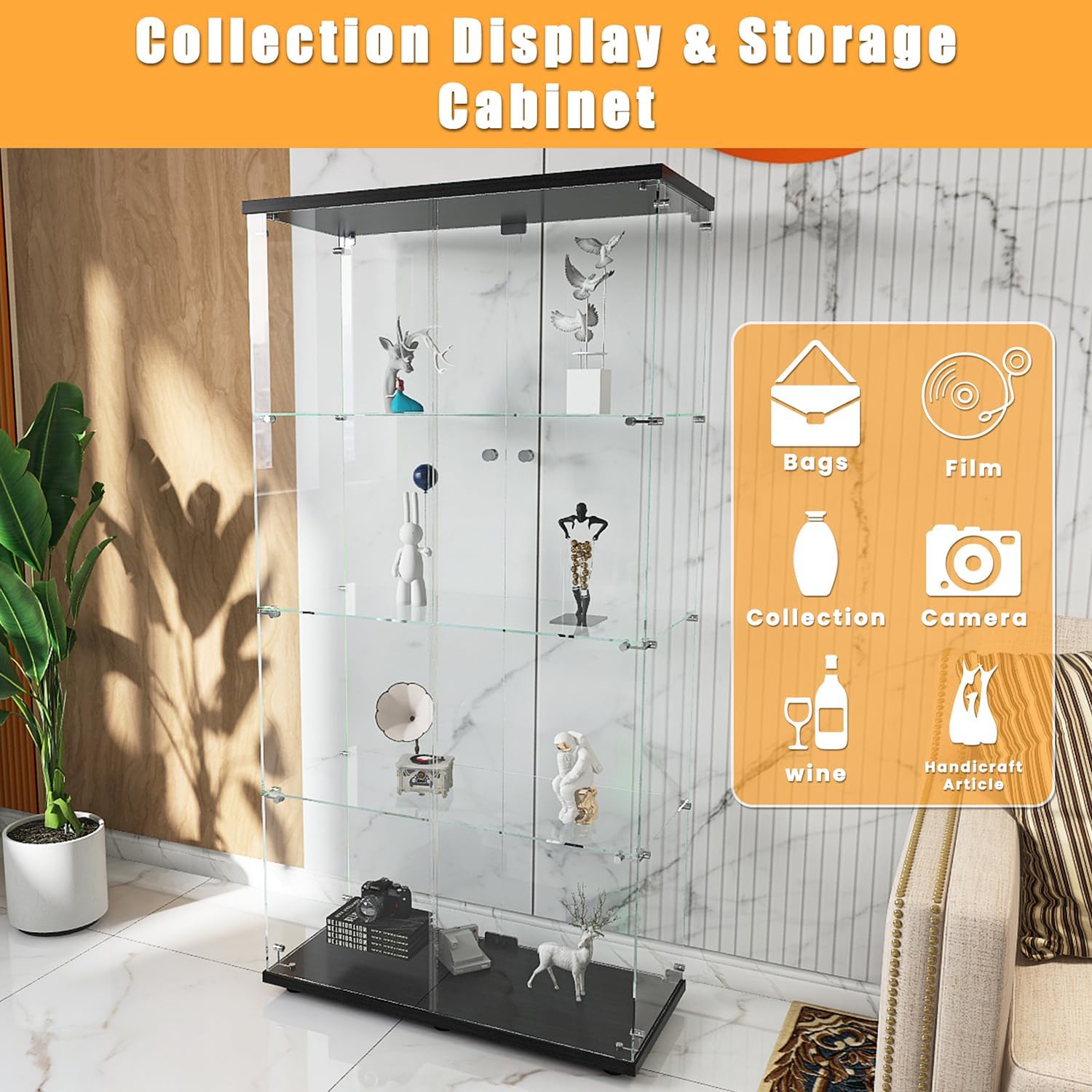 Zevemomo 4 Shelves Glass Display Cabinet with Doors, 31.69'x 14.37'x 64.56' Curio Figure Collection Display Case, Transparent Glass Stand Shelf, Toy Storage Organizer Cabinet for Home Office Hall