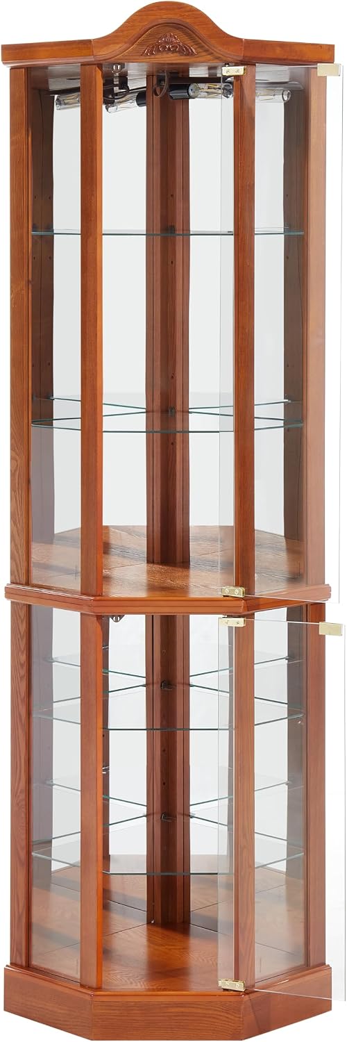 Ball & Cast 72' H Lighted Corner Curio Cabinet with Curved Top Carving,Glass Display Cabinet with 6 Tempered Adjustable Glass Shelves and Doors,Light Bulb Included, Rack for Liquor Storage,Oak