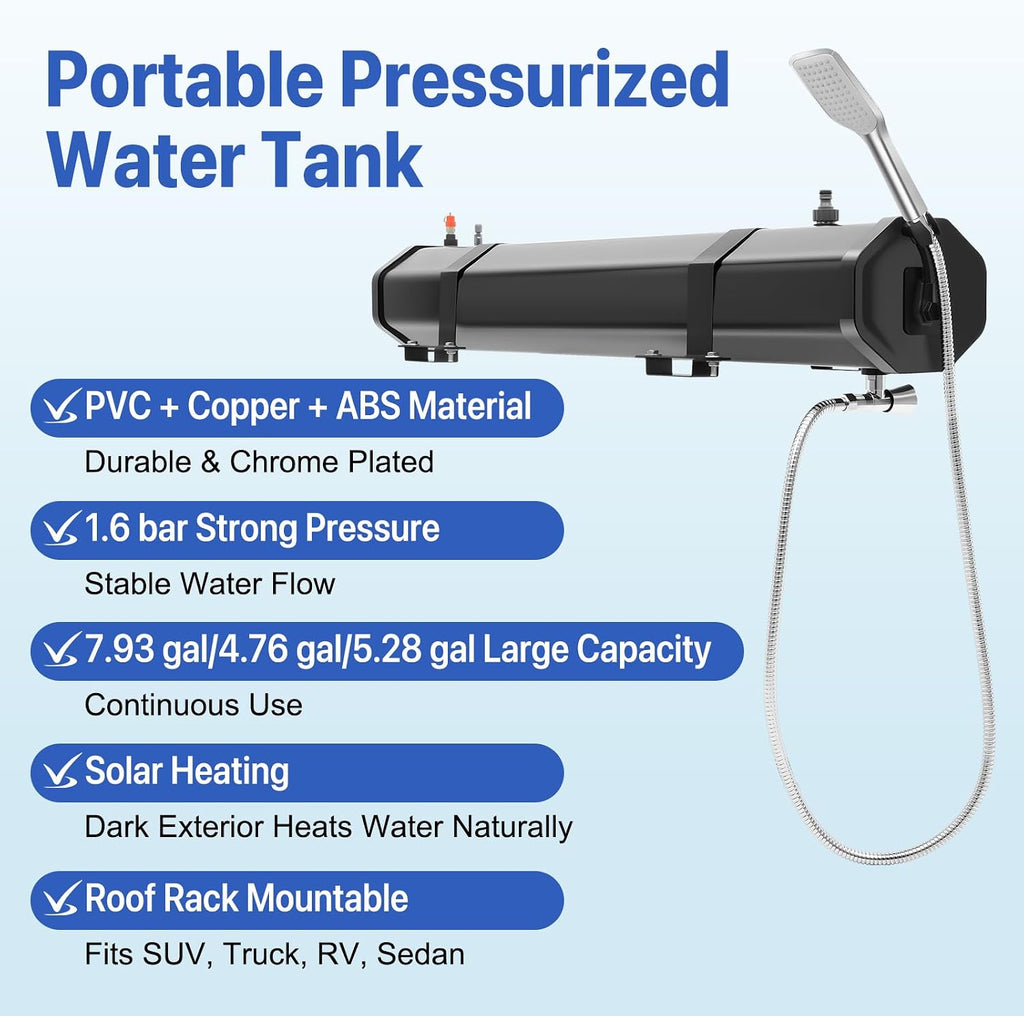 7.93 Gallon Pressurized Water Tank,Portable Car Camping Shower Water Storage Roof Rack Mounted Solar Shower or Overland Off-Road Vehicles, Pick-up Truck,Outdoor Activities Water Supply, RV, Camping