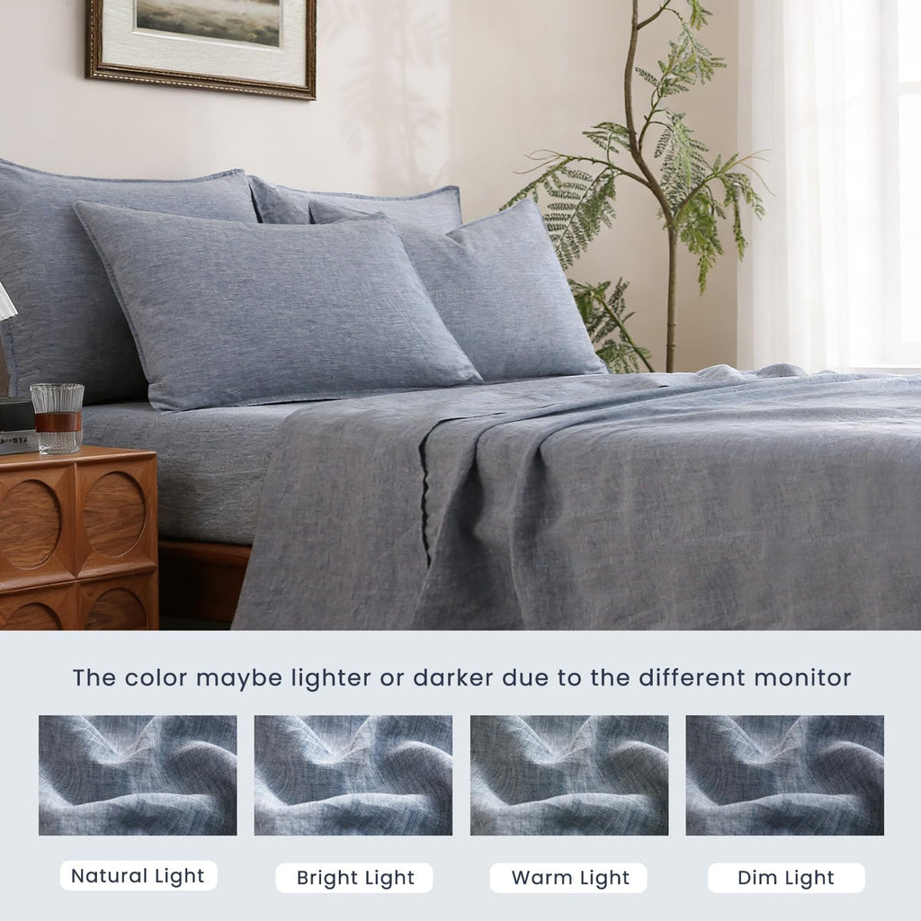 S VICTORY SYMBOL 100% Organic Linen Chambray Sheets Set Queen Size,Washed French Flax Bed Sheets 4 Pieces(2 Pillowcases,1 Fitted Sheet,1 Flat Sheet) Blue Denim,Yarn Dyed Natural Linen Bedding