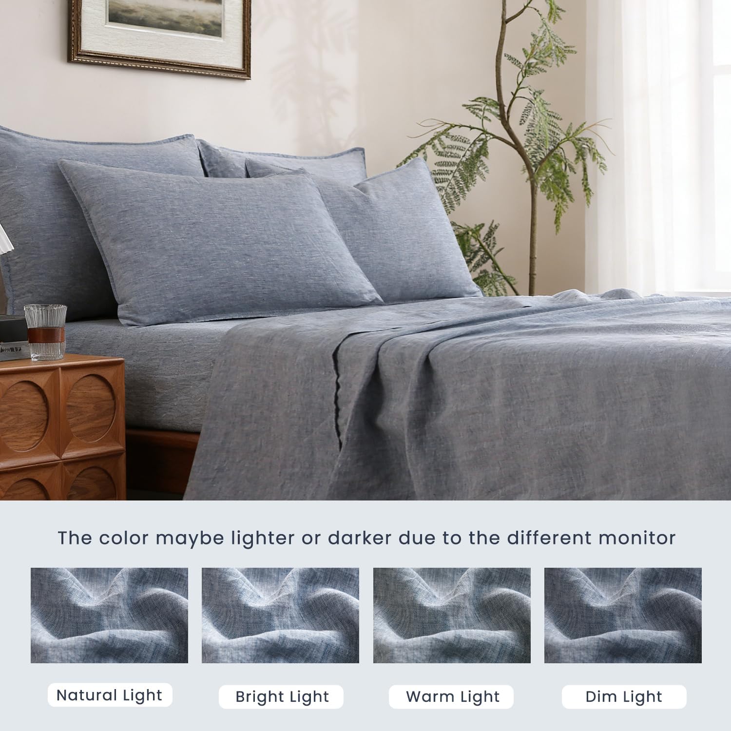 S VICTORY SYMBOL 100% Organic Linen Chambray Sheets Set Queen Size,Washed French Flax Bed Sheets 4 Pieces(2 Pillowcases,1 Fitted Sheet,1 Flat Sheet) Blue Denim,Yarn Dyed Natural Linen Bedding