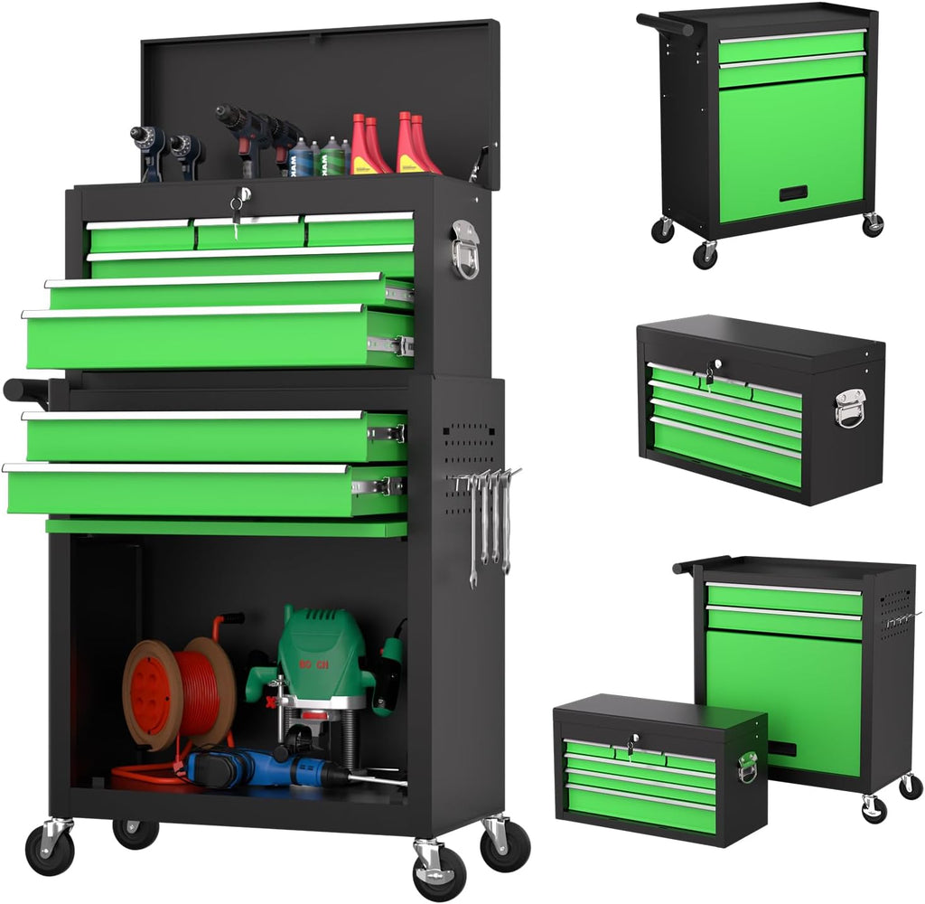 8-Drawer Tool Chest with Wheels,High Capacity Rolling Tool Box with Wheels,Locking Mechanical Tool Chest,Metal Tool Box for Garage Workshop (Blackgreen)