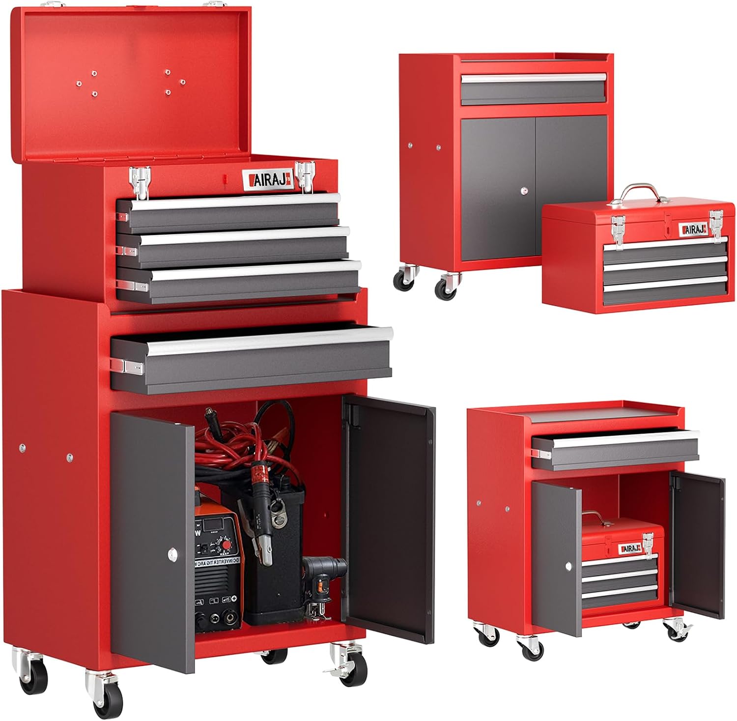 Tool Box with Wheels,4 Drawer 39' Large Tool Chest,Detachable Top Metal Rolling Tool Box,Garage Tool Cabinet with Lock and 360° Rotating Wheels,Red