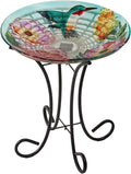 Evergreen Garden 18' Solar Hand Painted Embossed Glass Bird Bath with Stand, Floral Hummingbird Garden Décor and Accessories for Home and Yard
