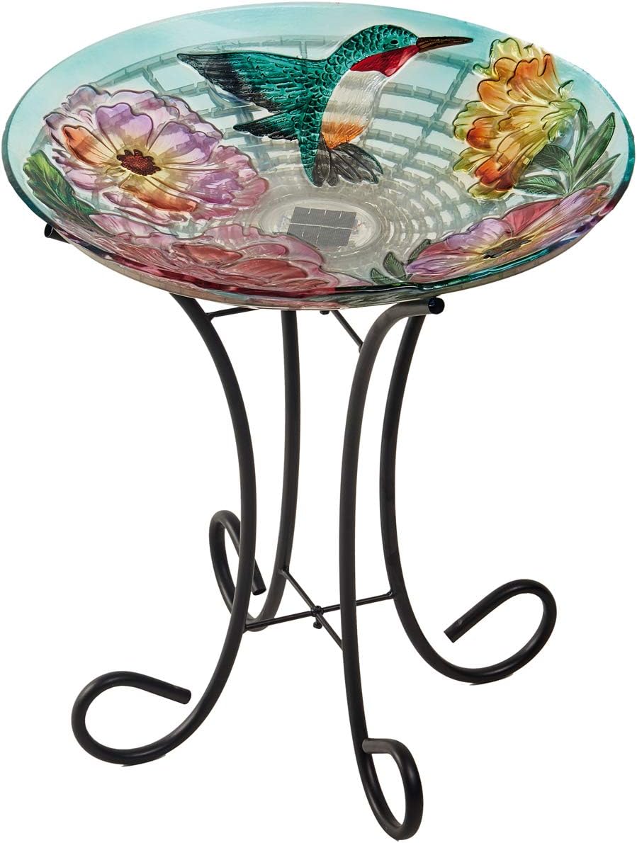 Evergreen Garden 18' Solar Hand Painted Embossed Glass Bird Bath with Stand, Floral Hummingbird Garden Décor and Accessories for Home and Yard