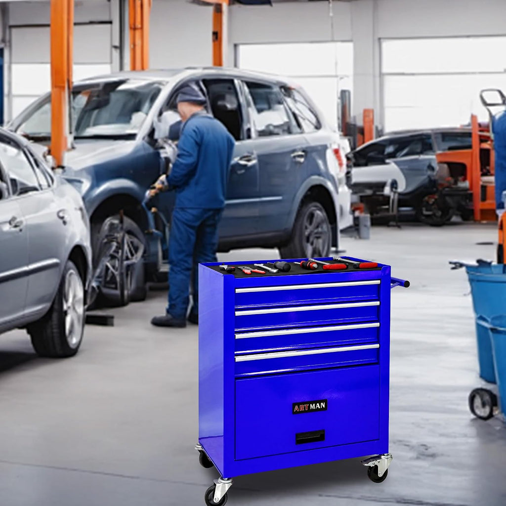 4 Drawers Tool Cart on Wheels, 4 Drawer Rolling Tool Chest, Trolley Organizer Tool Box Tool Case with 1 Cabinet, Multifunctional Tools Case for Garage,Warehouse,Workshop,Repair Shop (Blue)